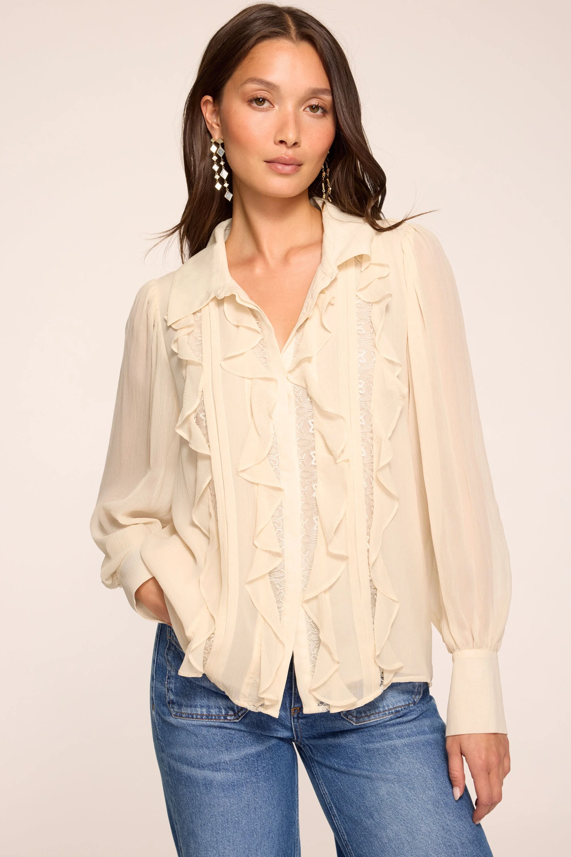 Claire Silk Ruffled Long Sleeve Blouse | BONE - 1