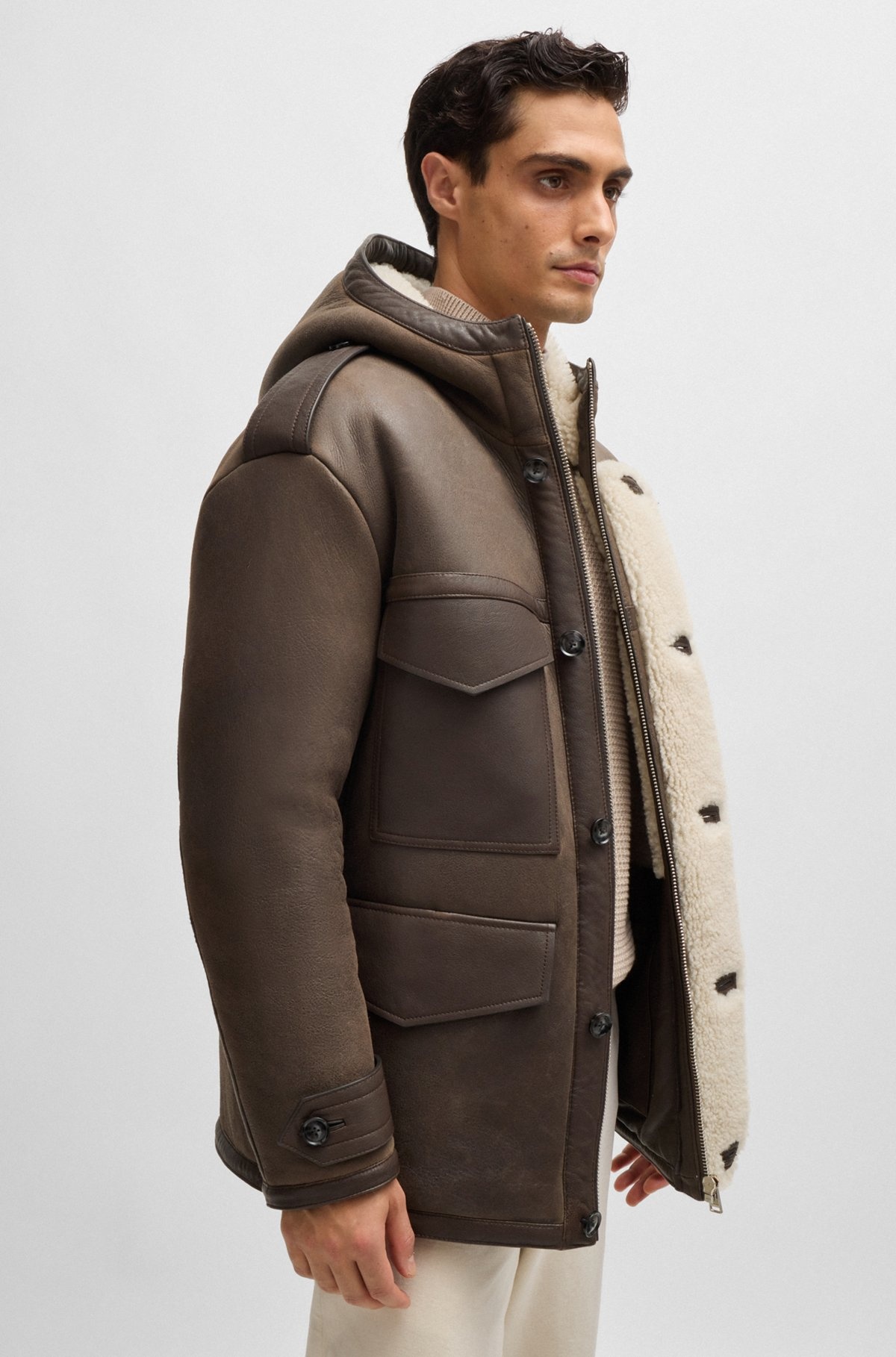 REGULAR-FIT HOODED COAT IN SHEEPSKIN WITH PATCH POCKETS - 6