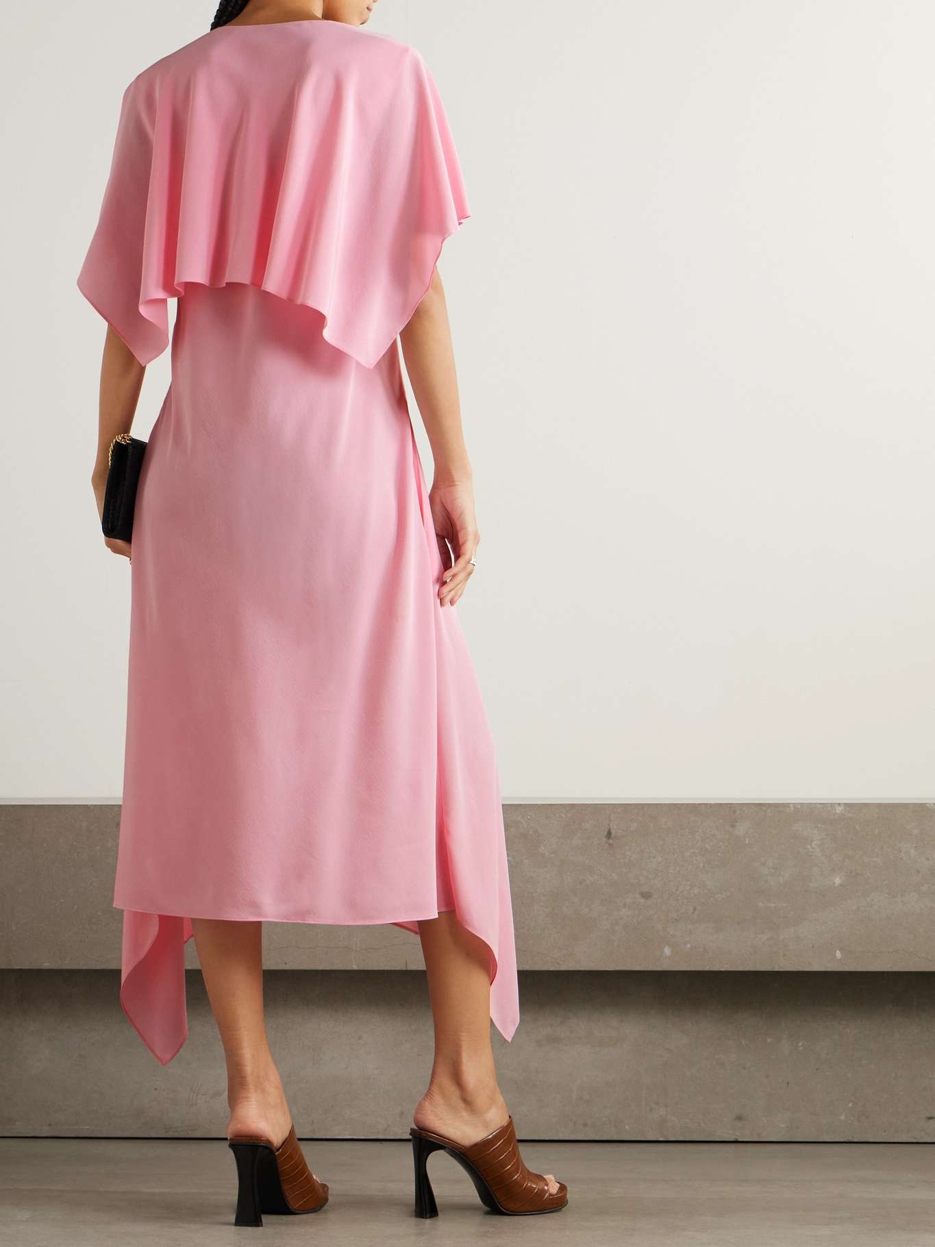 Asymmetric draped silk-crepe midi dress Pink - 3