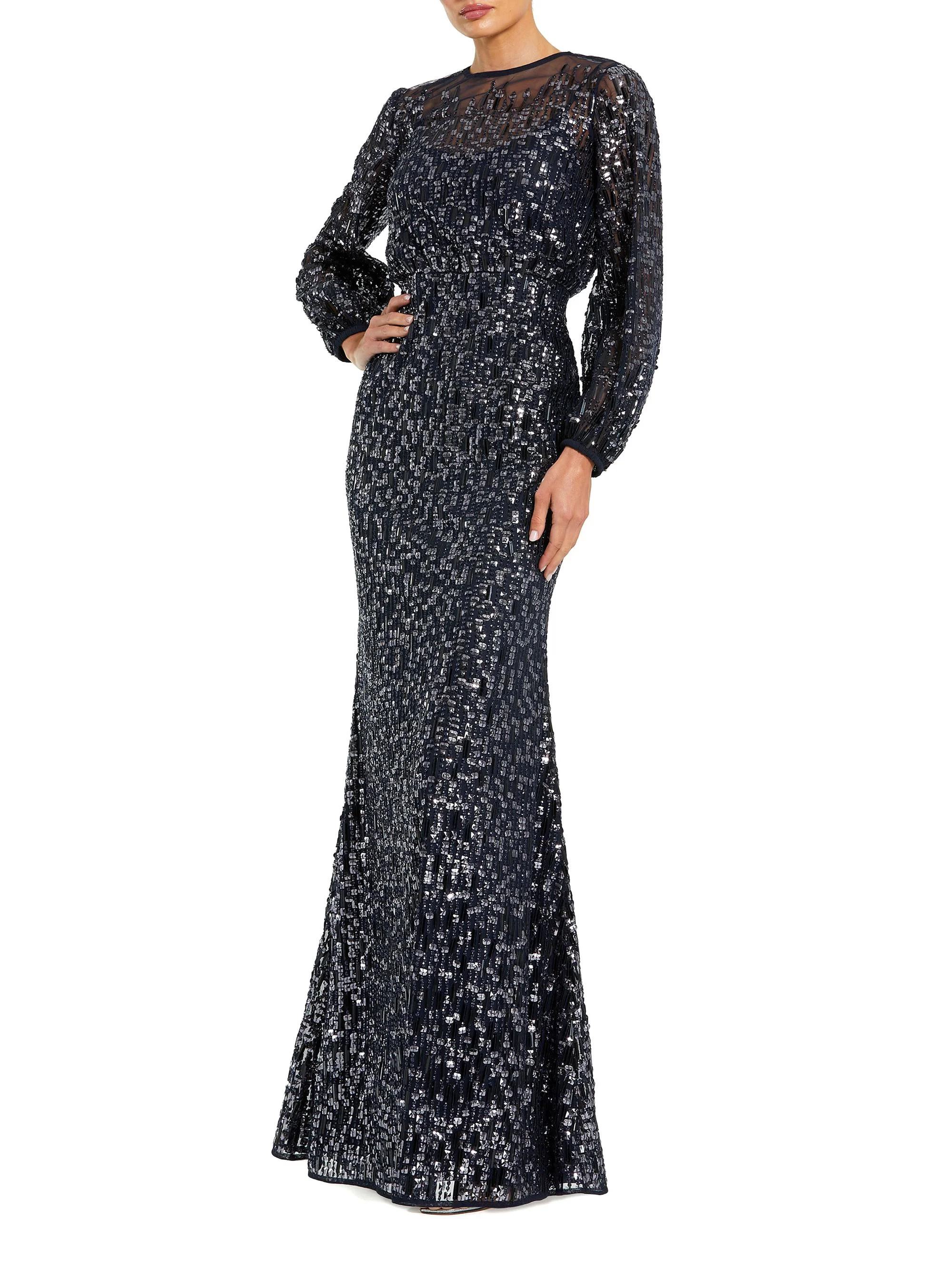 Women's Beaded Mesh Long-Sleeve Blouson Gown - Midnight - 1
