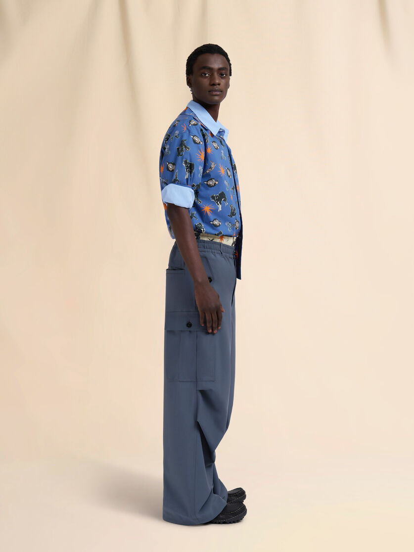 BLUE POPLIN BOWLING SHIRT WITH WOLVES, RAVENS AND DOVES PRINT - 5