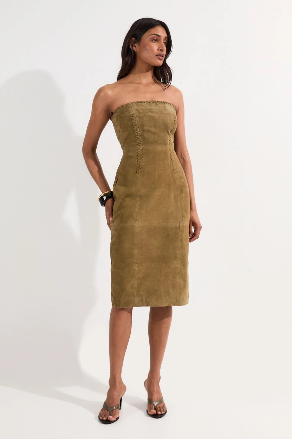 Suede Whipstitch Detail Bandeau Midi Dress - 1