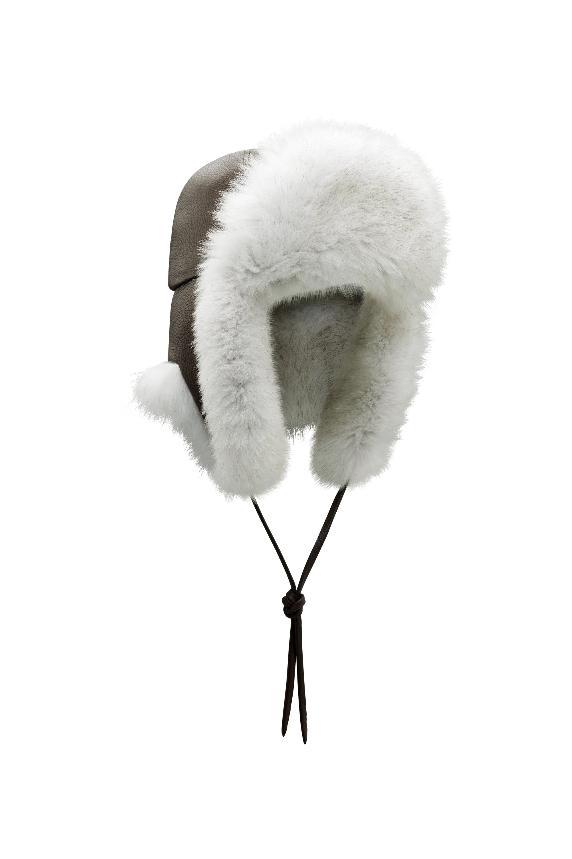 Karina Hat in Chocolate Textured Leather & Ivory Recycled Fur - 1