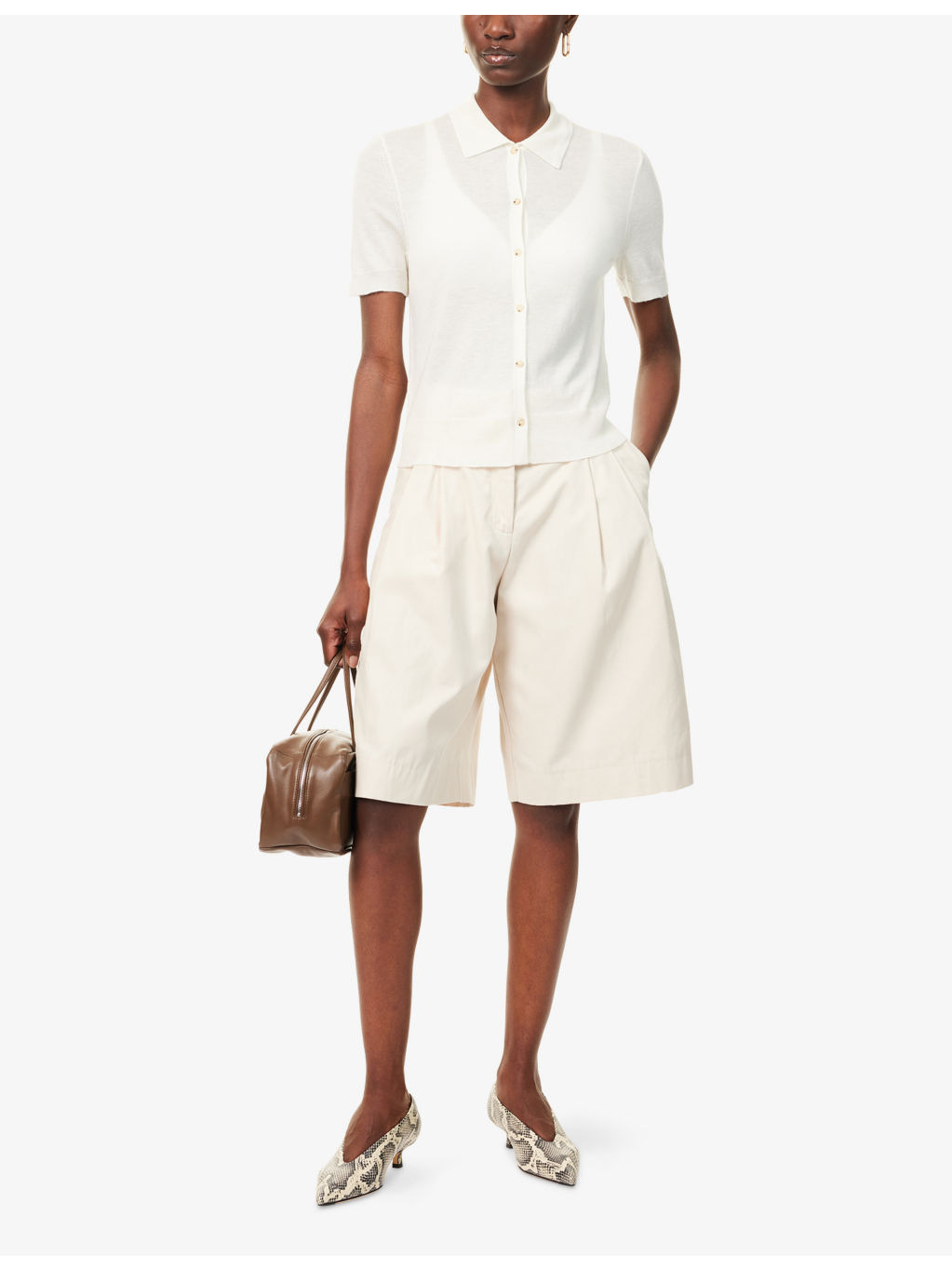 Polo-Collar Short-Sleeves Wool-Blend Top - 2