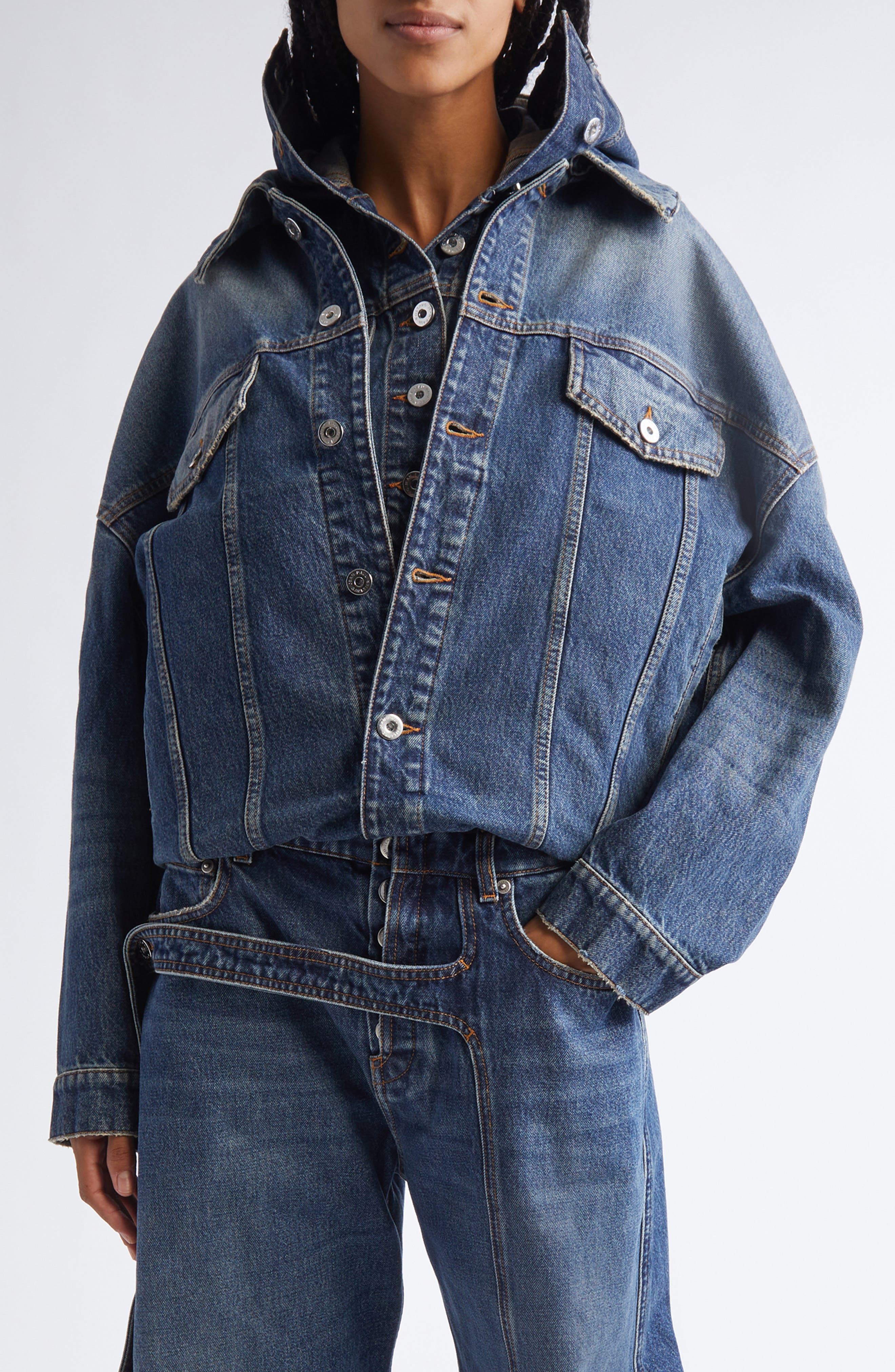 Jean Paul Gaultier Hooded Double Layer Denim Jacket in Vintage Blue at Nordstrom - 1