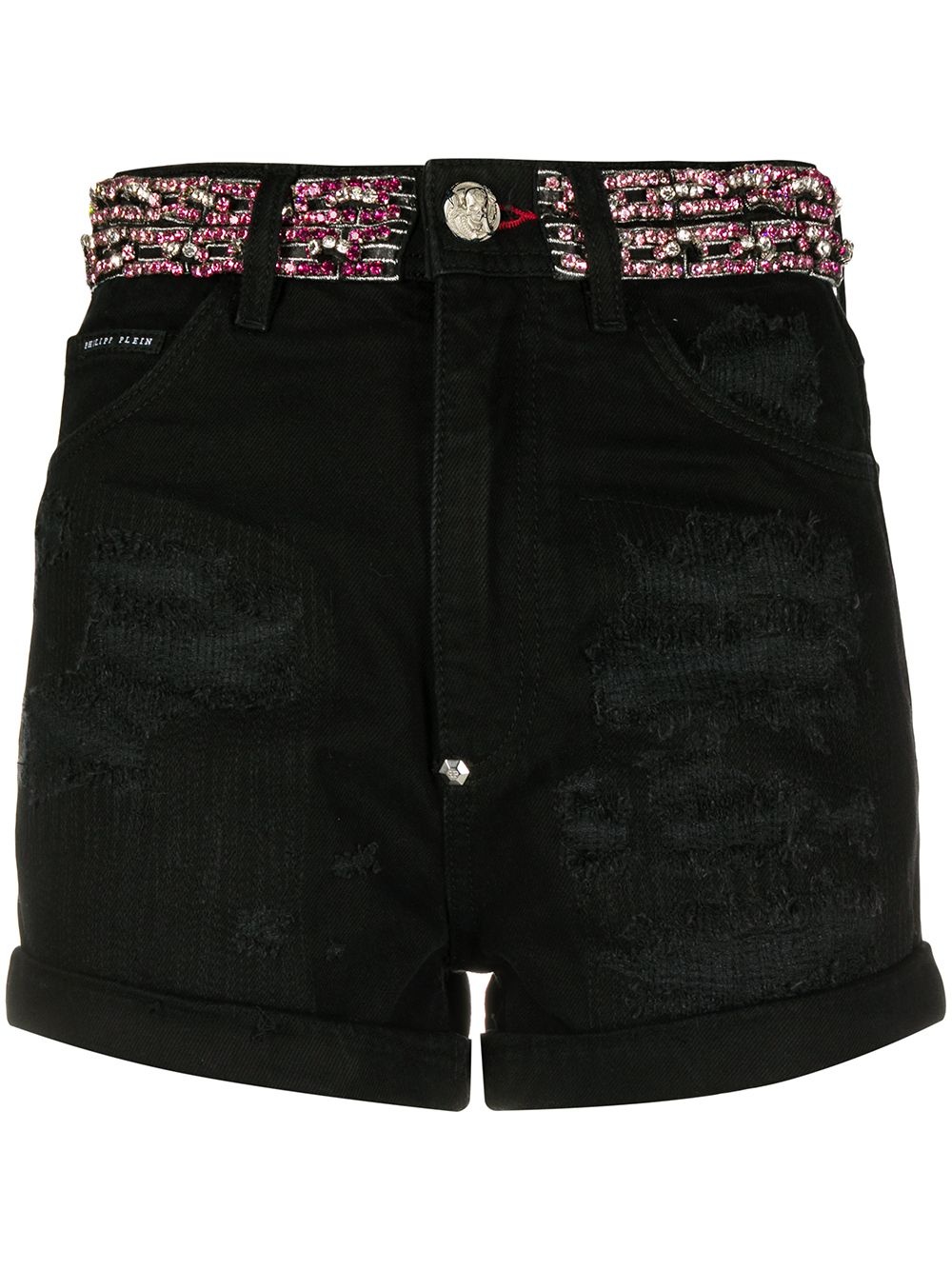 crystal embellished denim shorts - 1