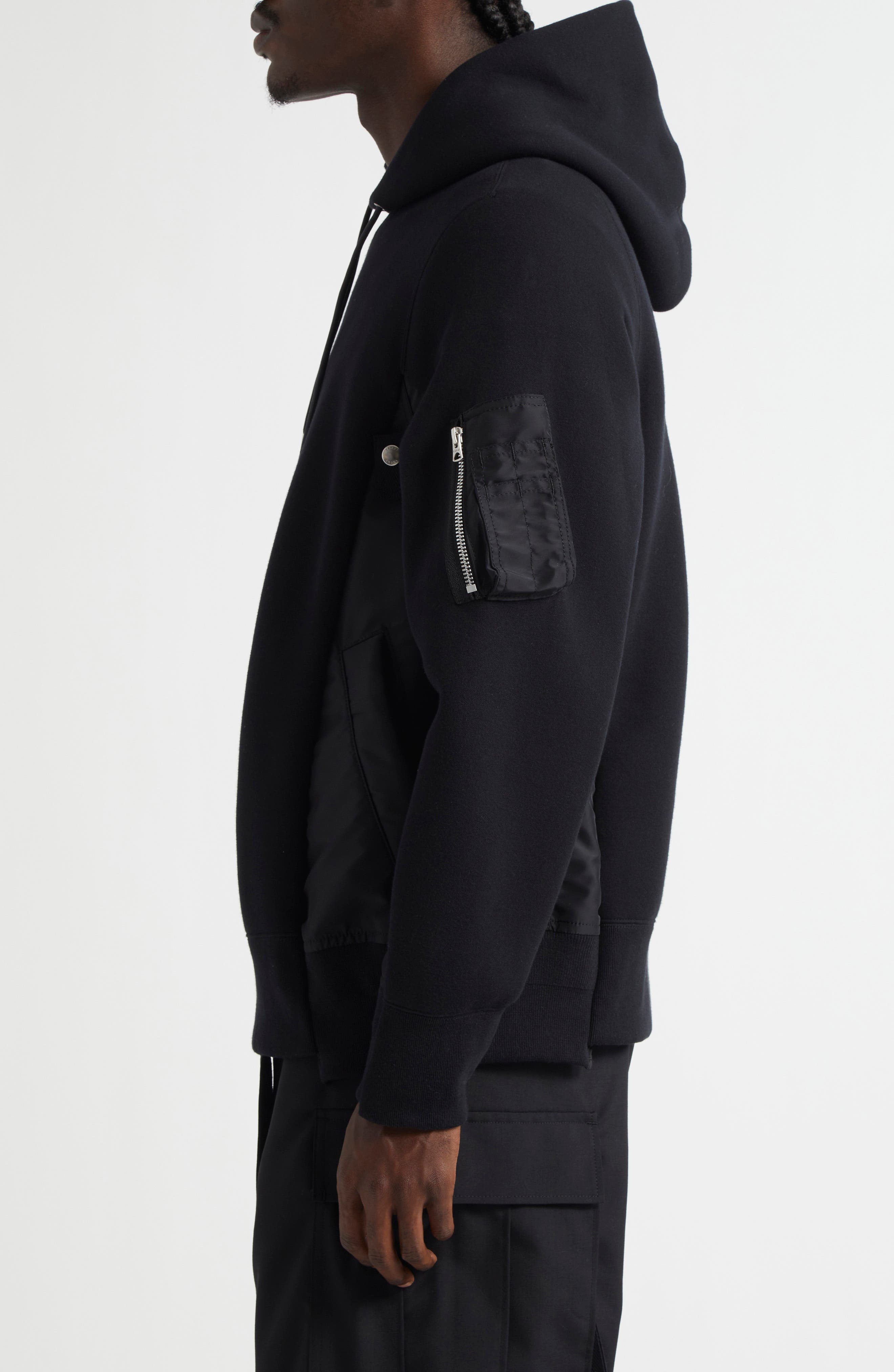 Sacai Sponge Sweat Mixed Media Hoodie in Black/Black 002 at Nordstrom - 4