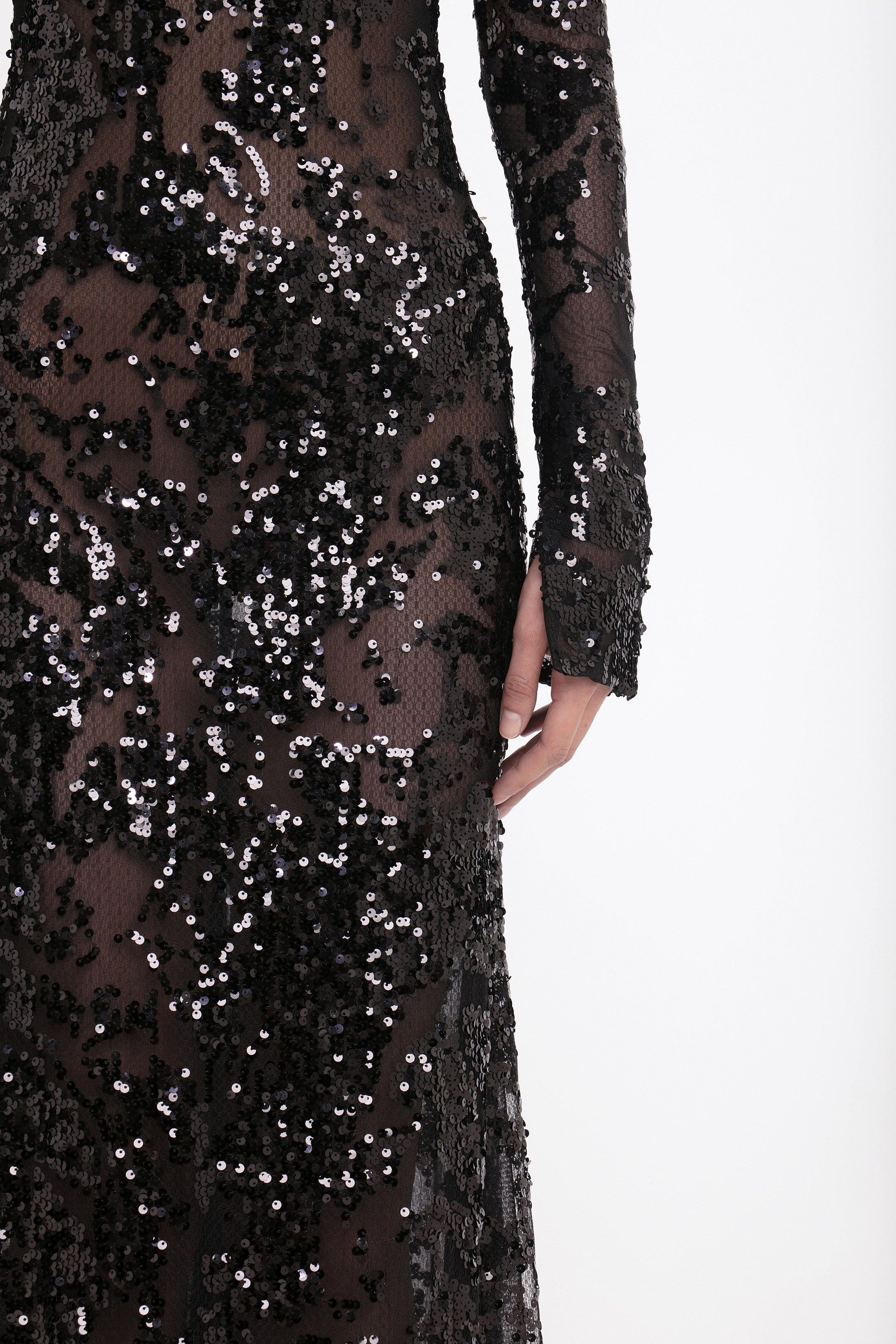 Long Sleeve Backless Sequin Gown In Black - 6