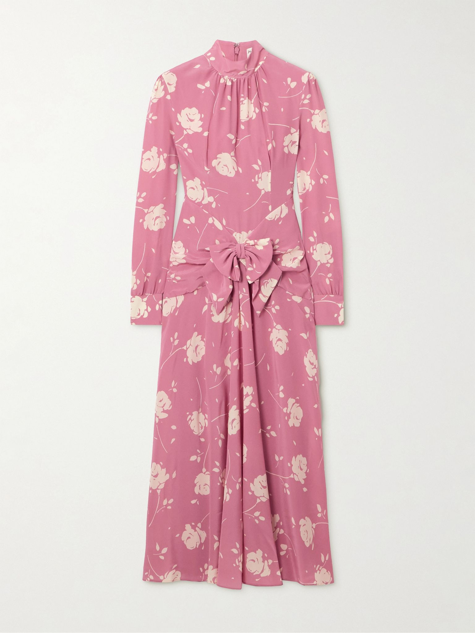 Bow-embellished gathered floral-print silk-georgette midi dress Pink - 1