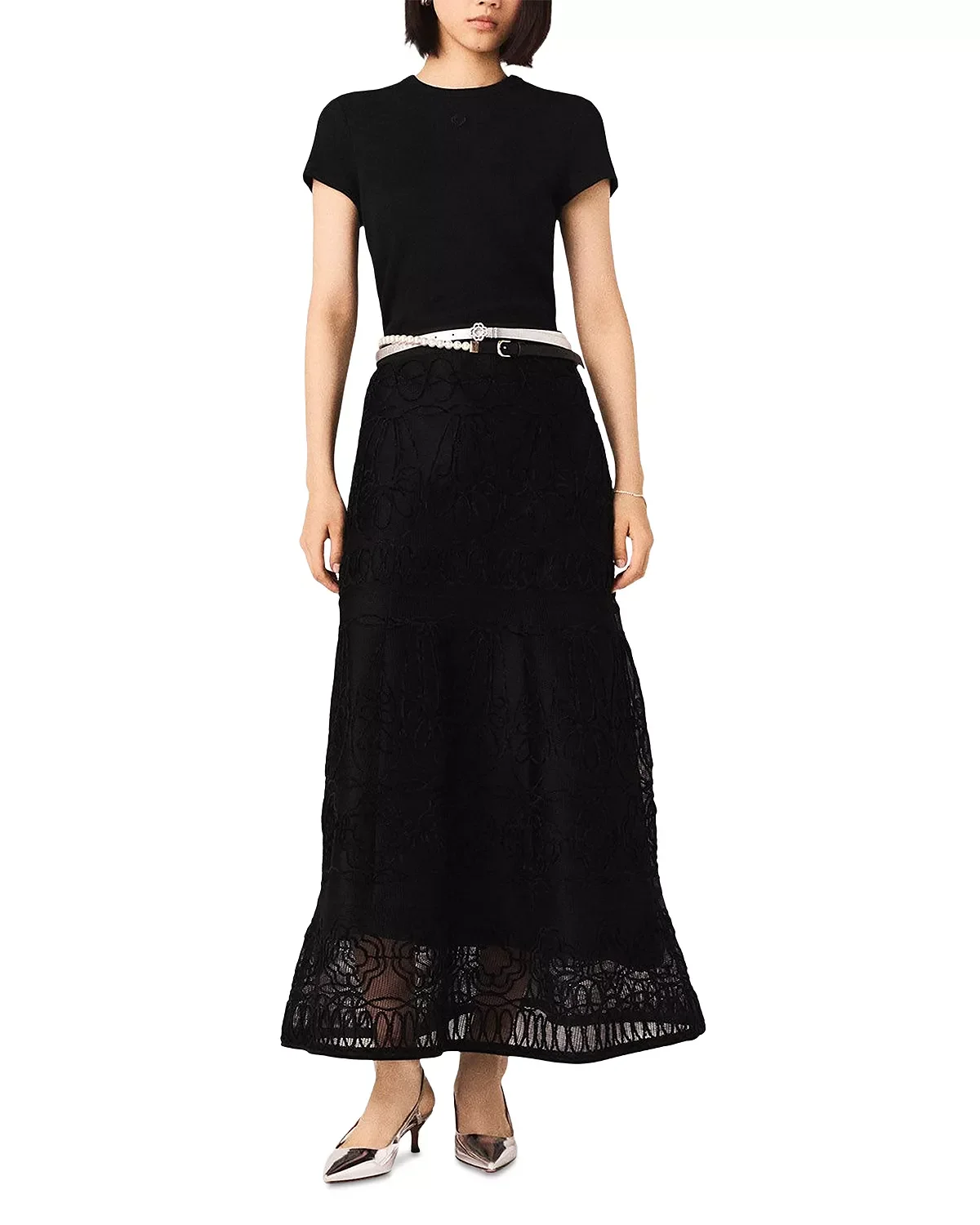Embroidered Basket Weave Knit Skirt - 1