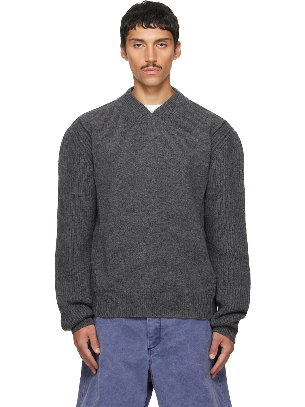 Gray V Neck Sweater - 1