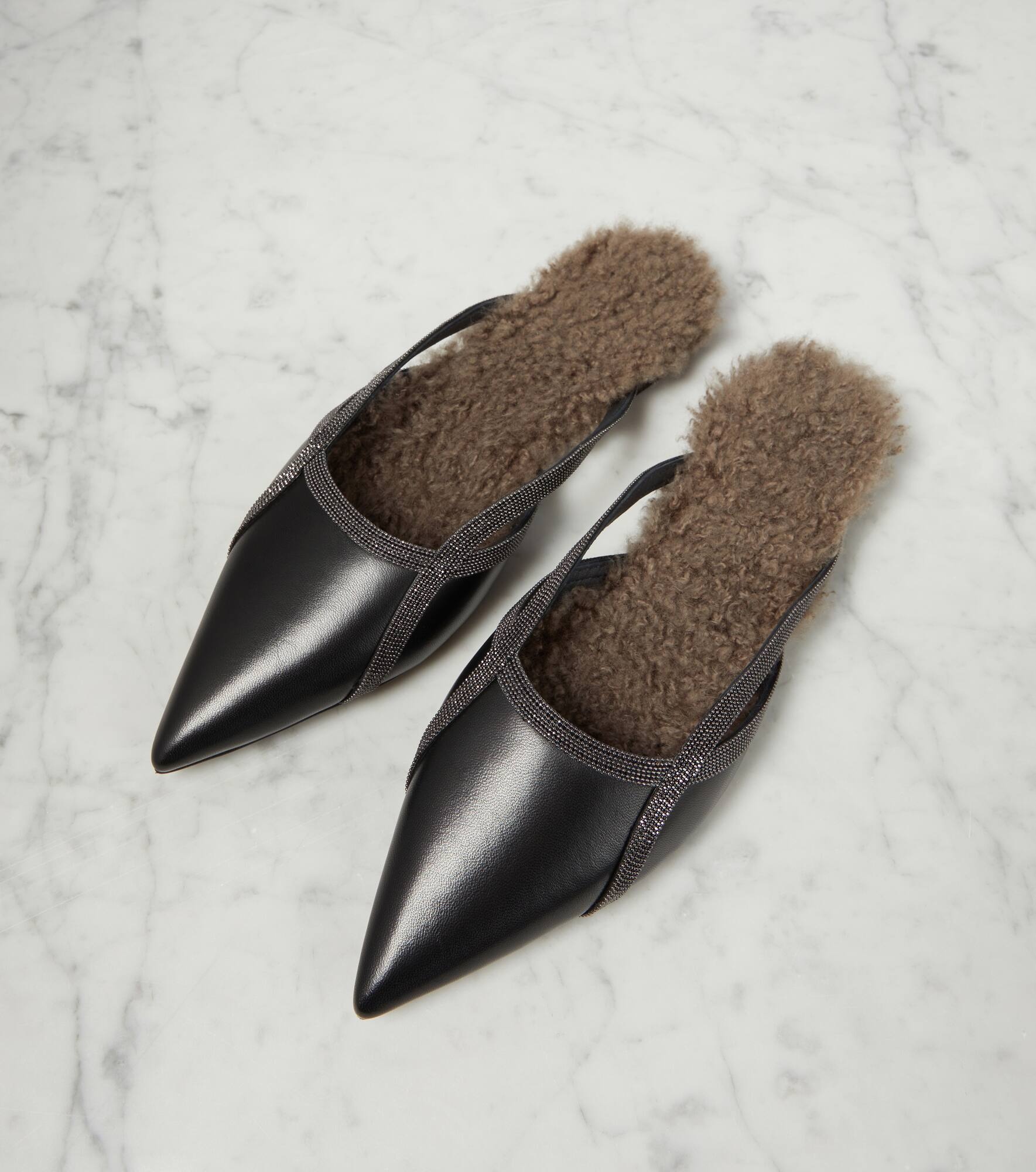 Shearling-trimmed leather slippers - 6