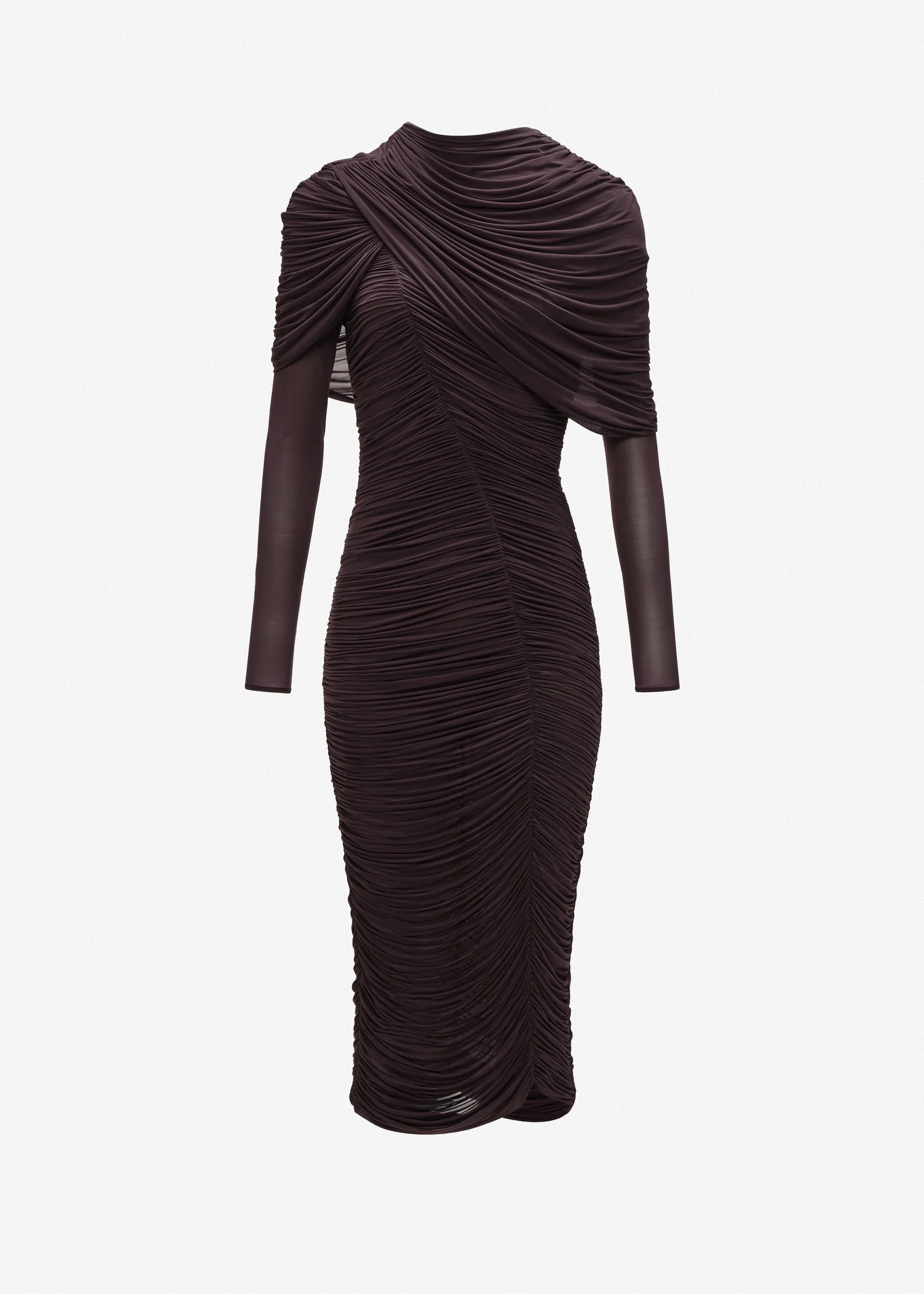 Draped cape midi dress in burgundy - 1