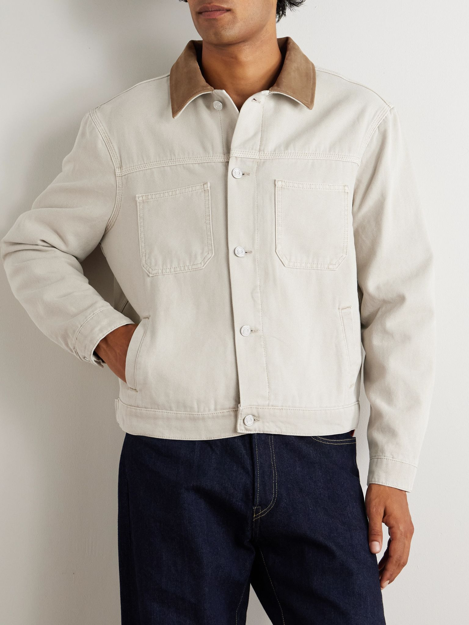 Suede-Trimmed Cotton-Canvas Jacket Cream - 3