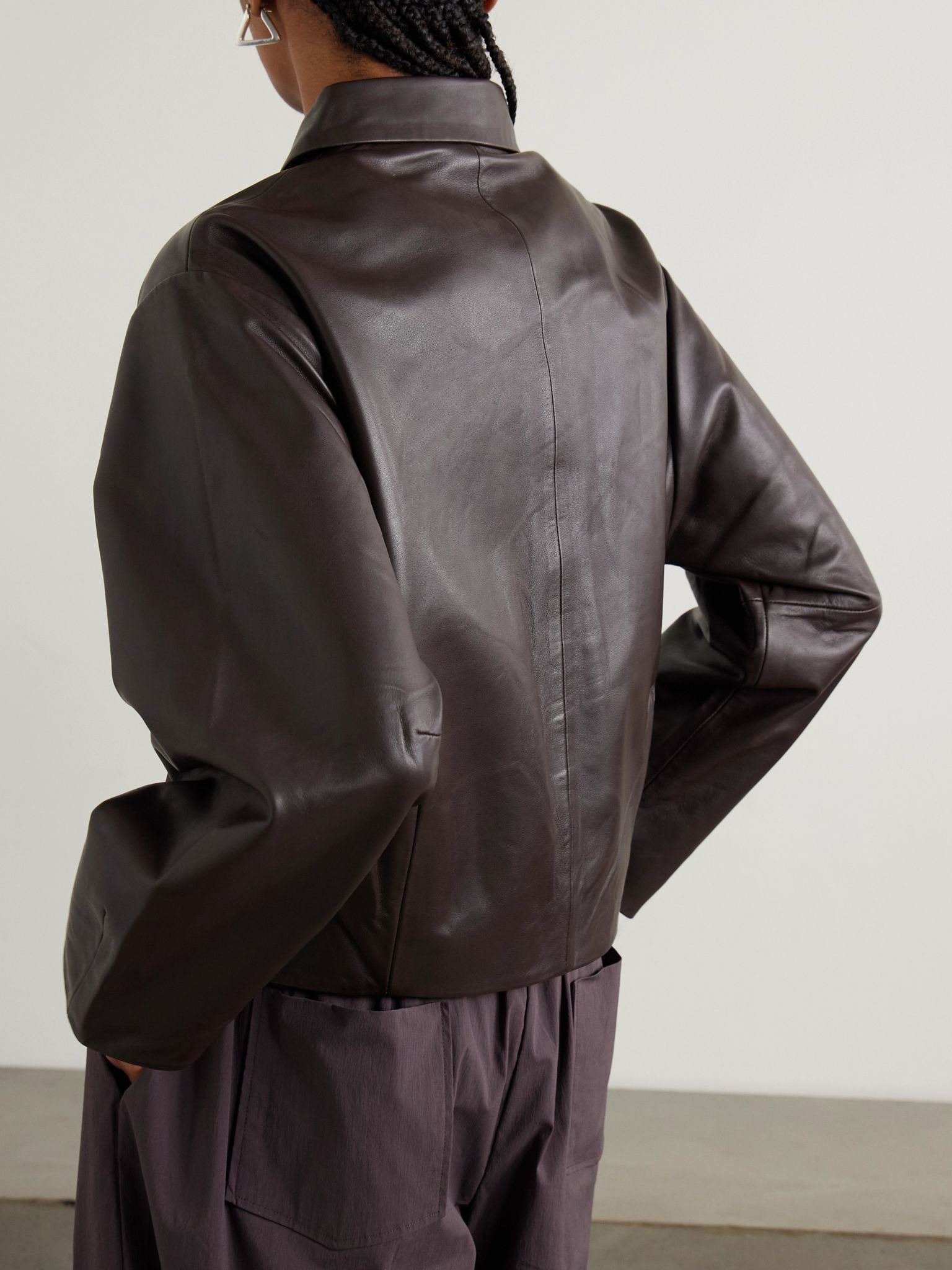 Cocoon paneled leather jacket Chocolate - 4