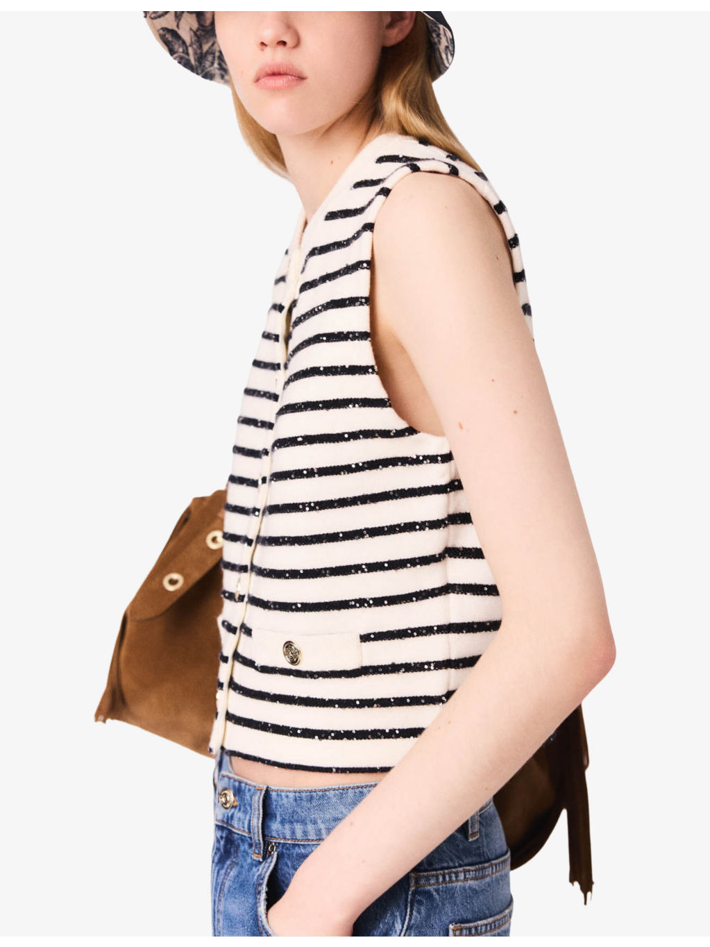 Striped Rhinestone-Embellished Knitted Top - 3