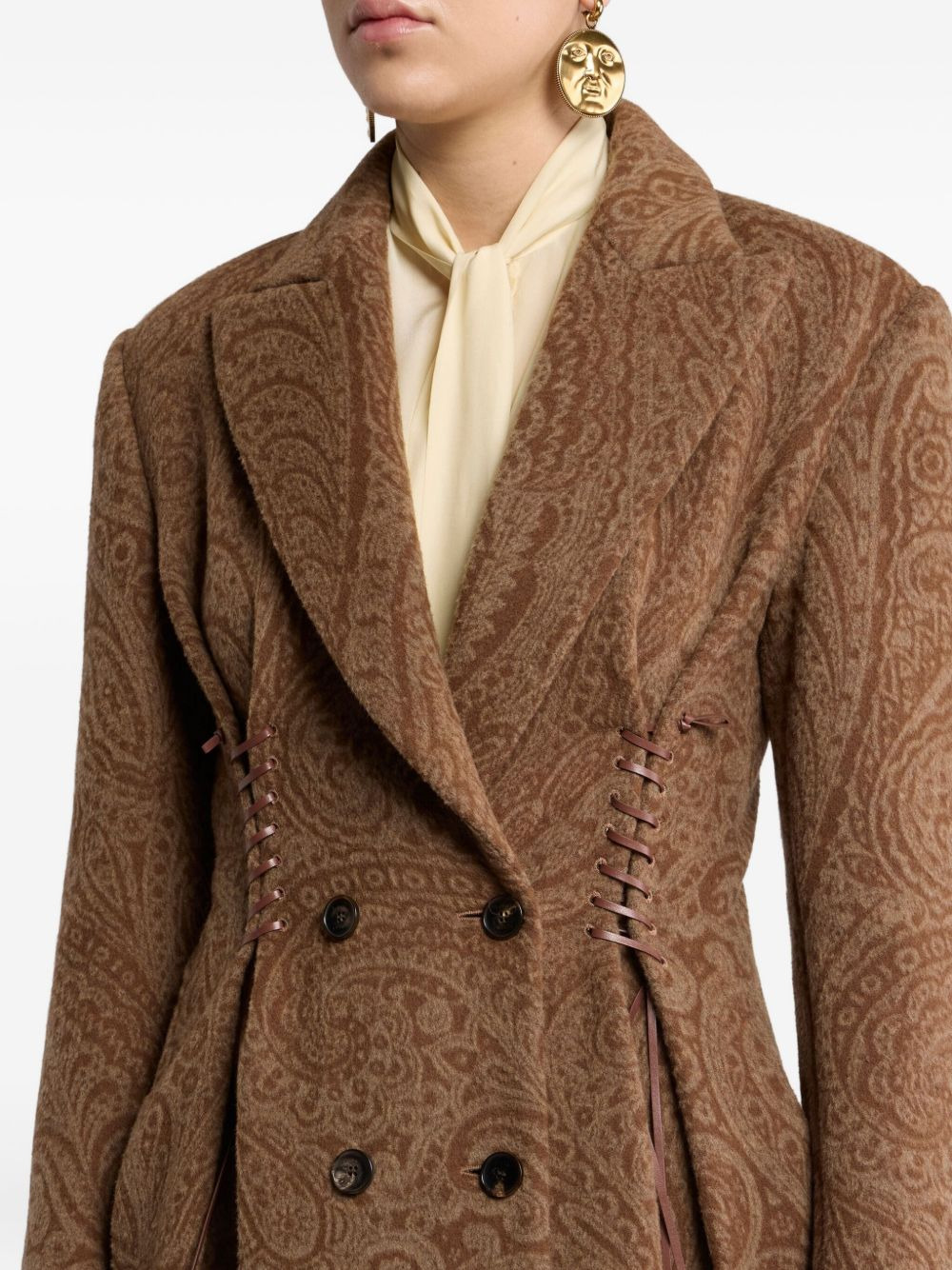 paisley lace-up wool coat - 4