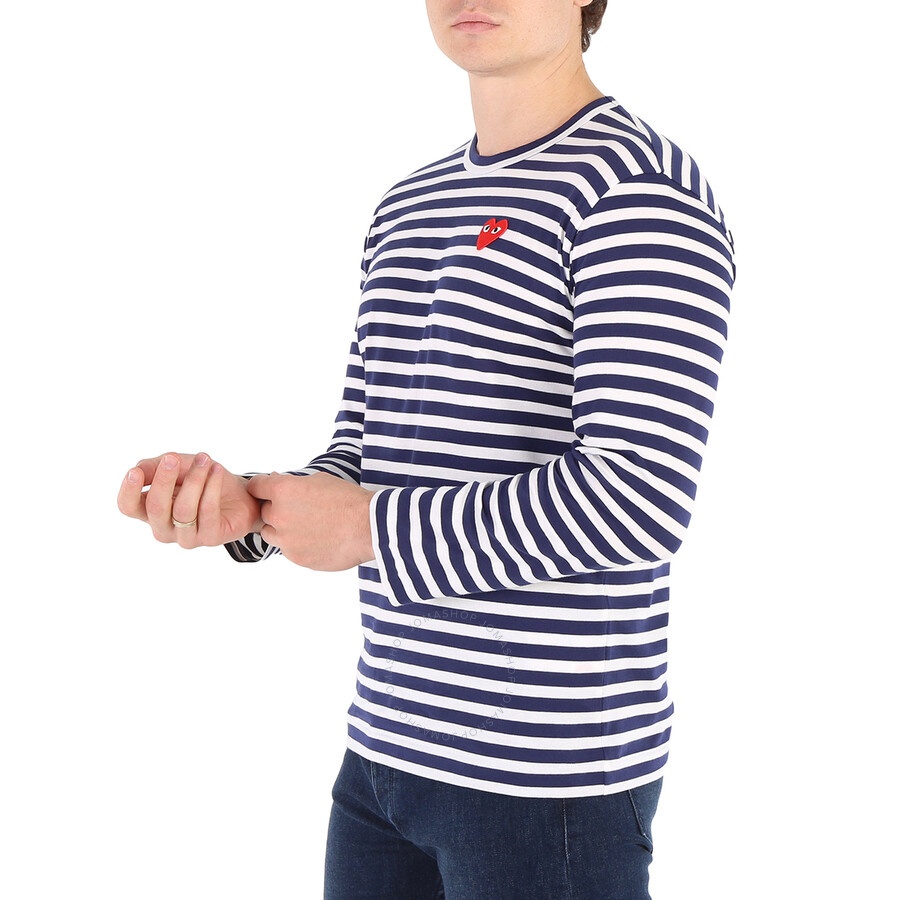 Comme Des Garcons Play Navy / White Long Sleeve Heart Logo Stripe Tee - 5