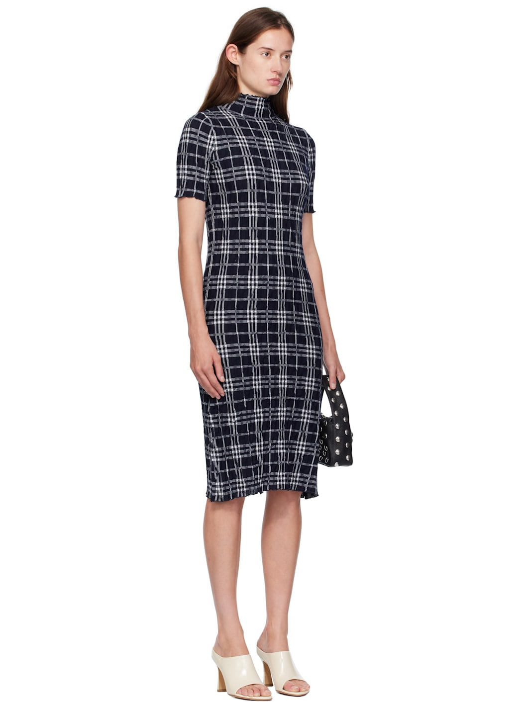 Navy & White Check Wool Blend Midi Dress - 2