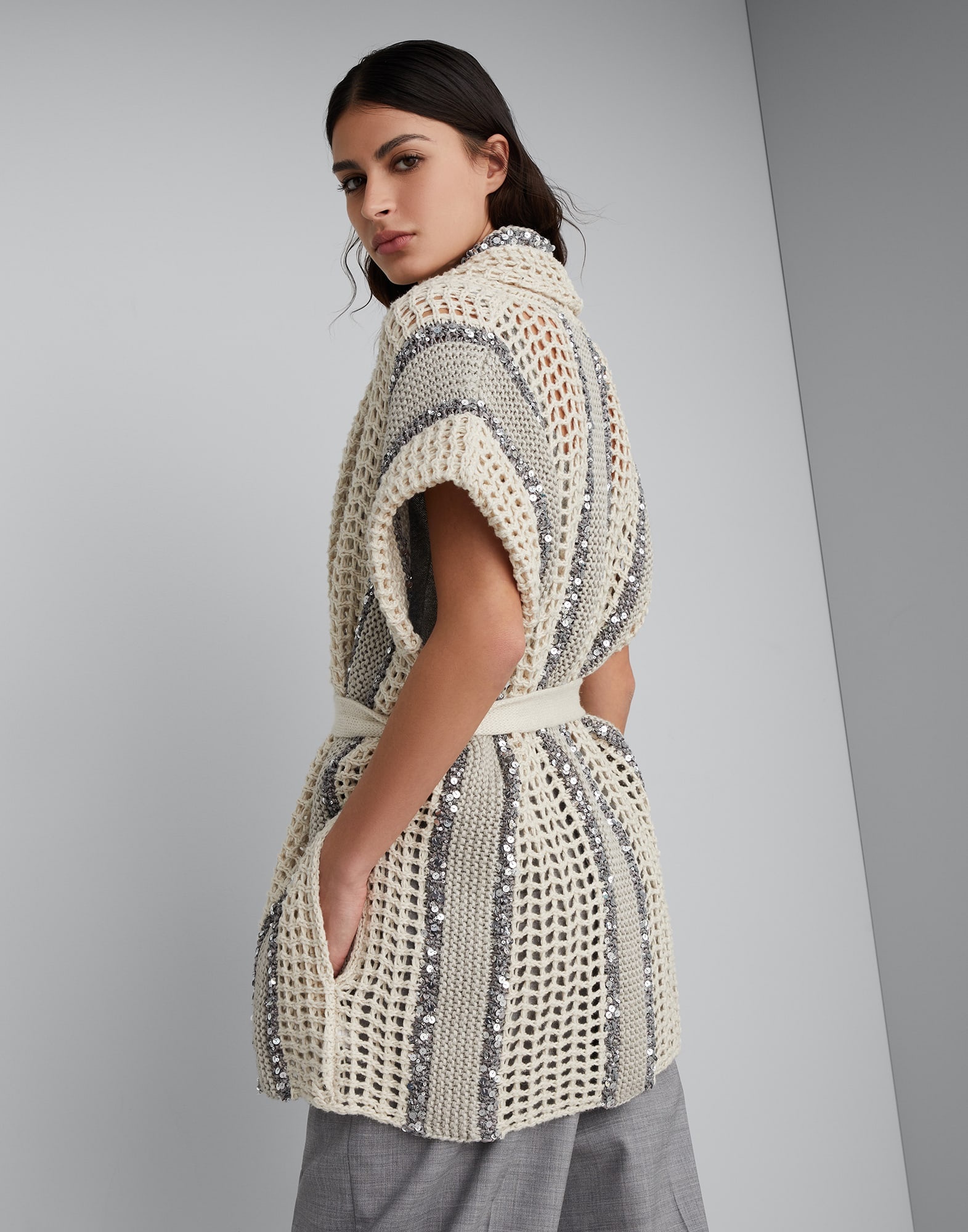 Dazzling stripe net knit cardigan in jute, linen, cotton and silk with belt - 2
