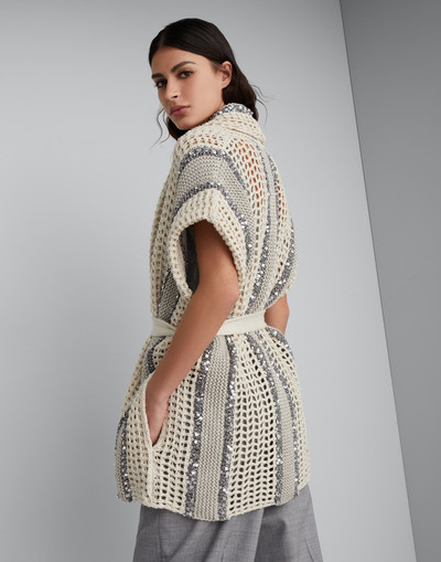 Brunello Cucinelli Dazzling stripe net knit cardigan in jute, linen, cotton and silk with belt outlook