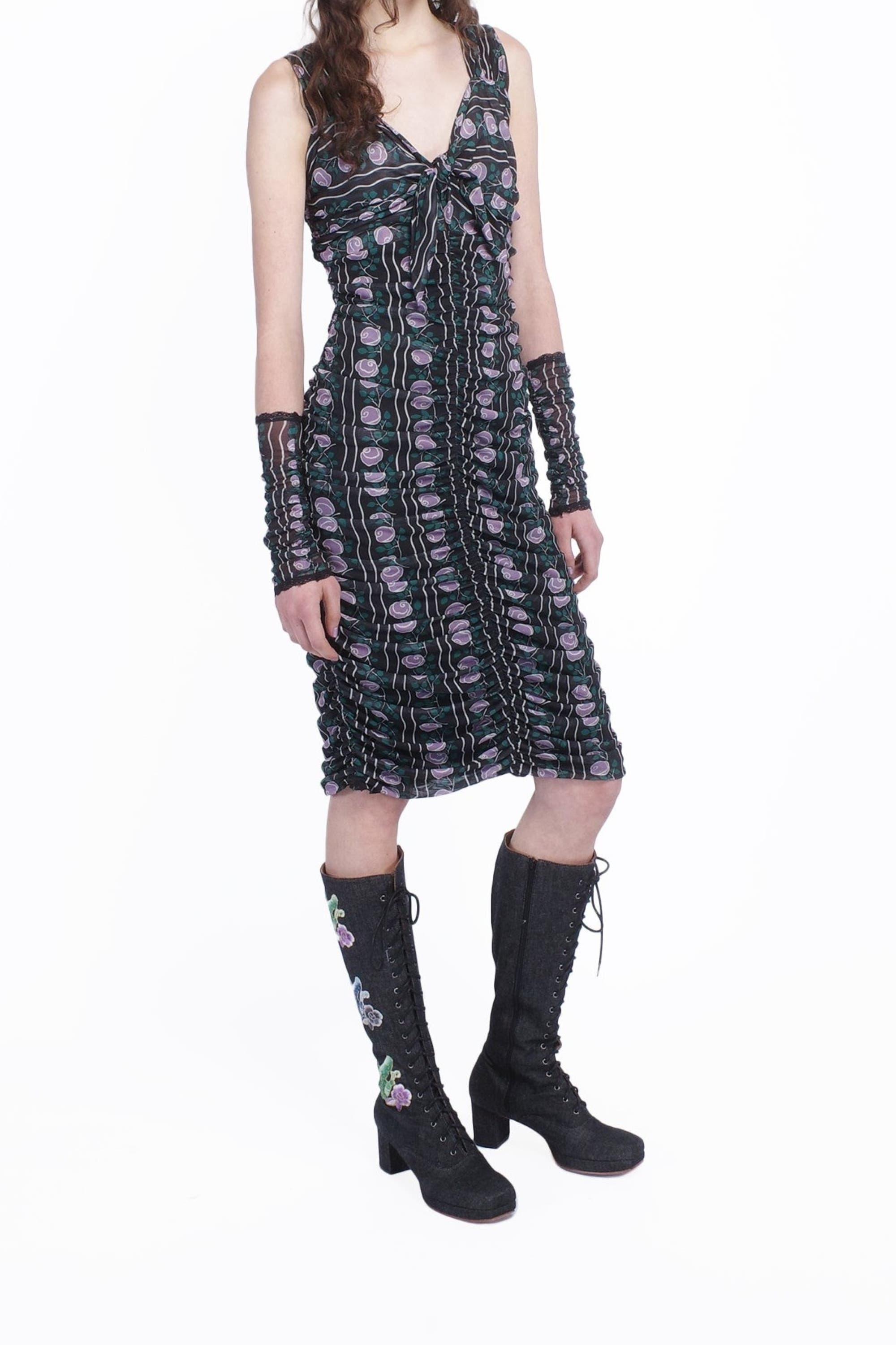 Anna Sui Rosetti Mesh Ruched Tie Dress in Black/lilac Multi at Nordstrom - 2