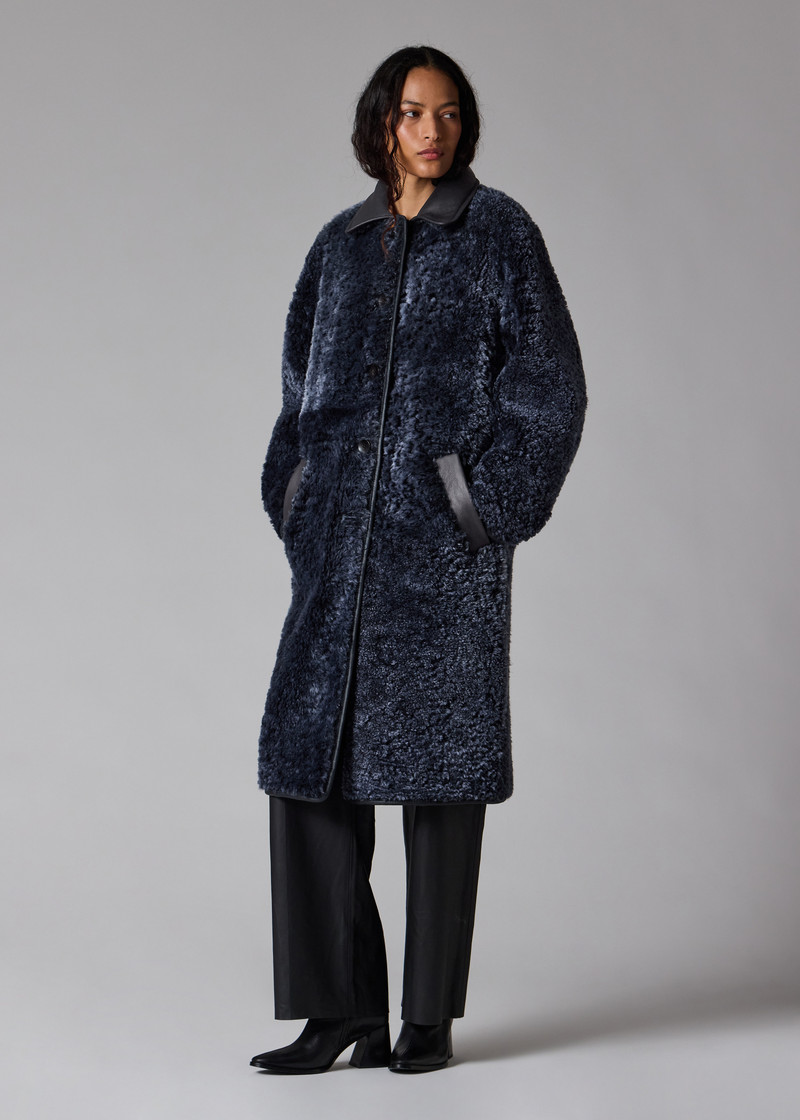 Women's Navy Reversible Leather and Shearling Coat 13
