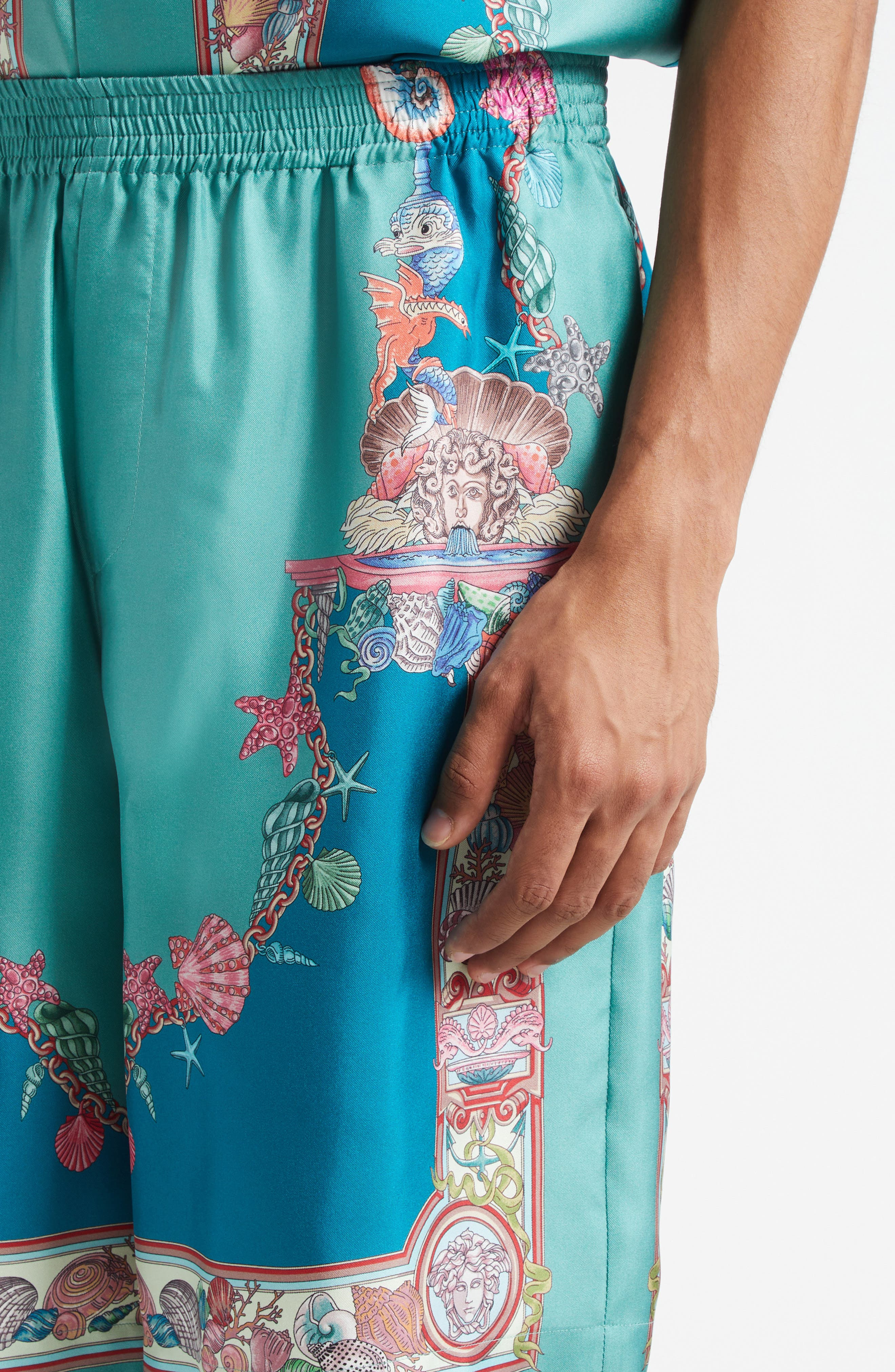 Versace Coral Theatre Silk Shorts in Sea Green Dark Sea Green at Nordstrom - 5