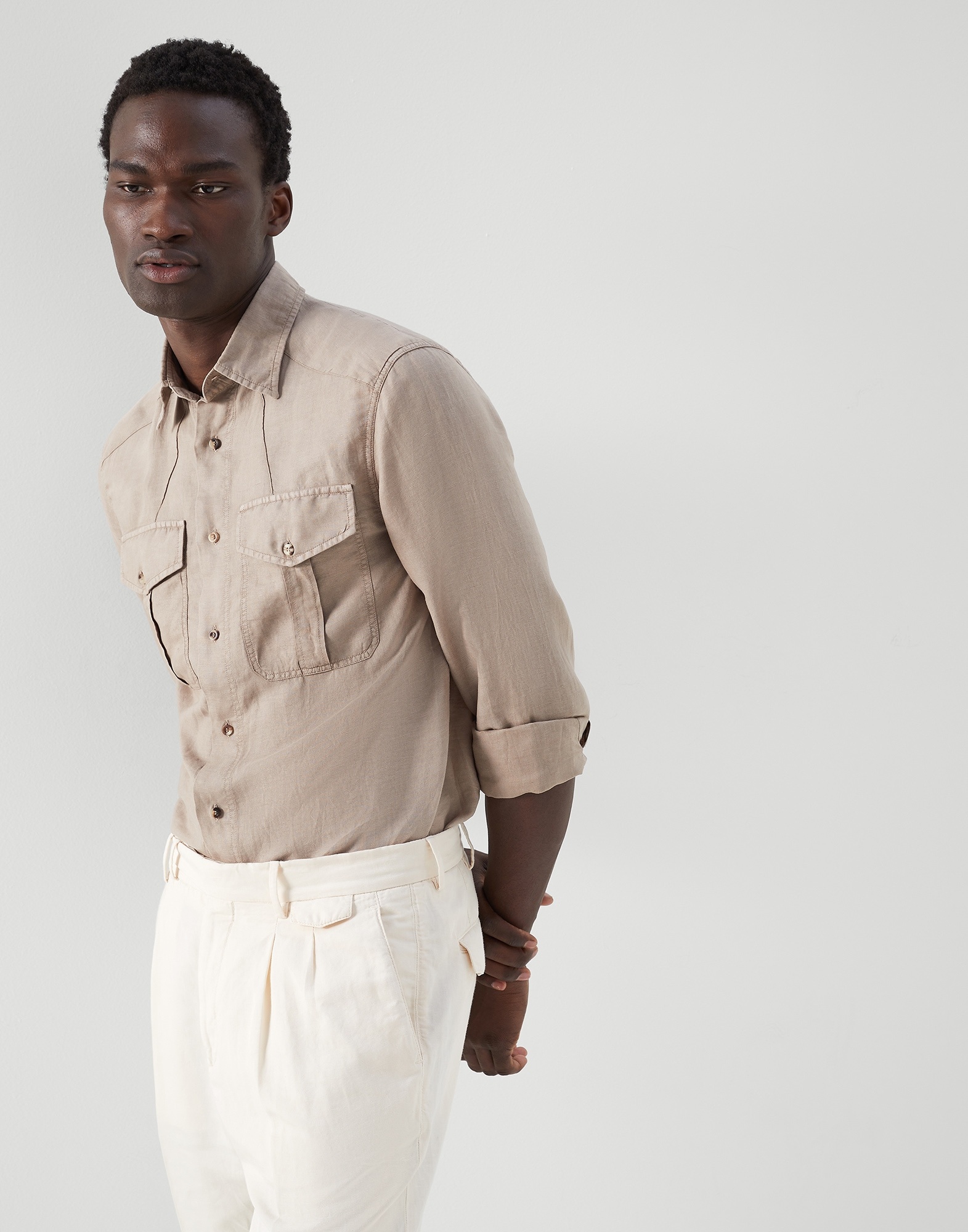 Linen and cotton pinpoint easy fit shirt with chest pockets - 4