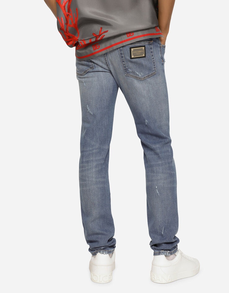 Mid blue skinny stretch jeans with patch detailing - 5
