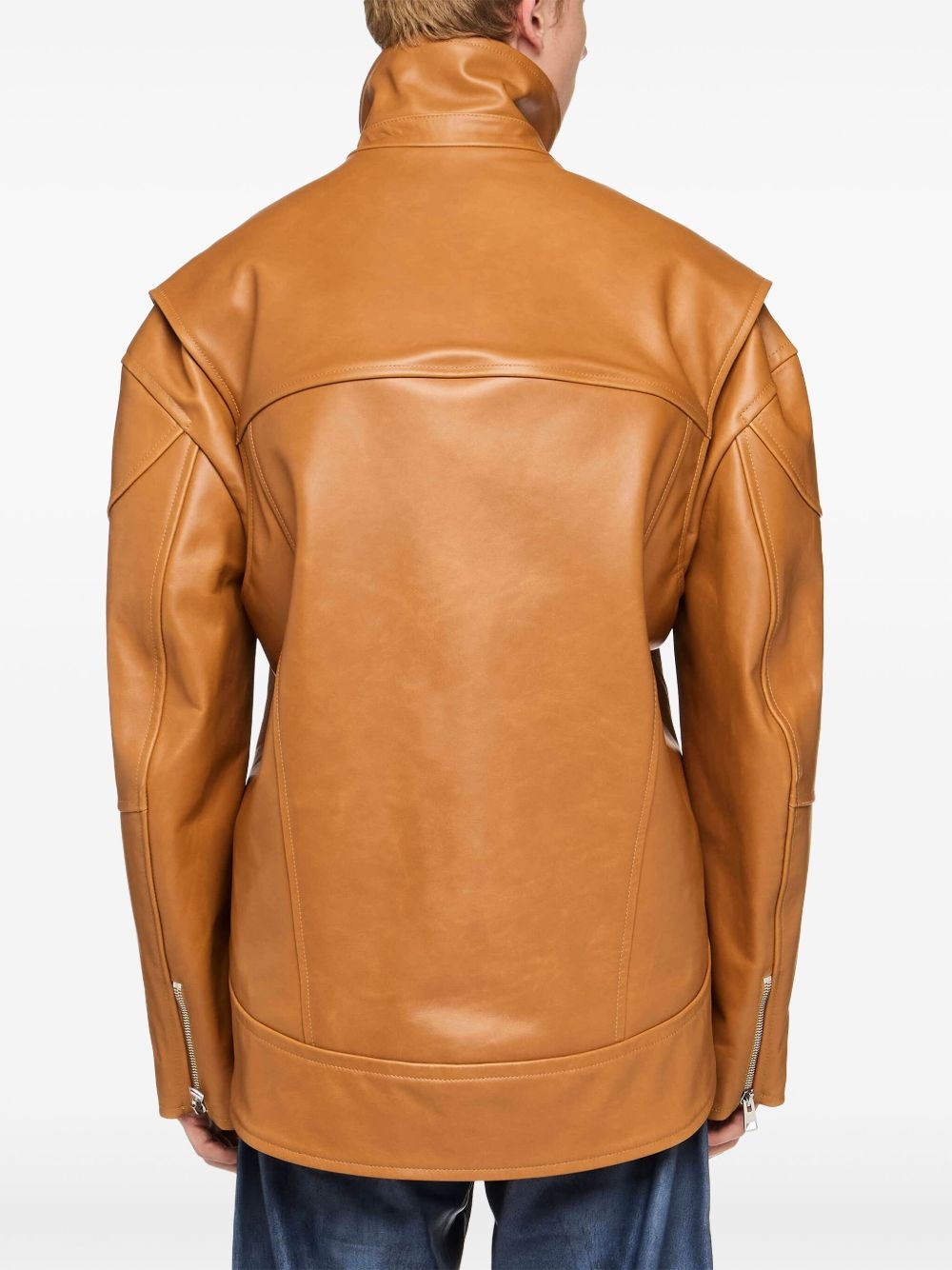 curved-hem high-neck leather jacket - 4