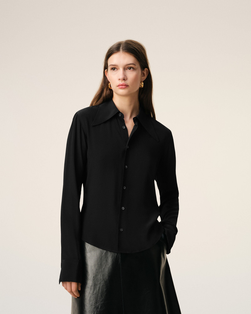 BLACK BLENDED SILK SHARP COLLAR ADJUSTED SHIRT 3