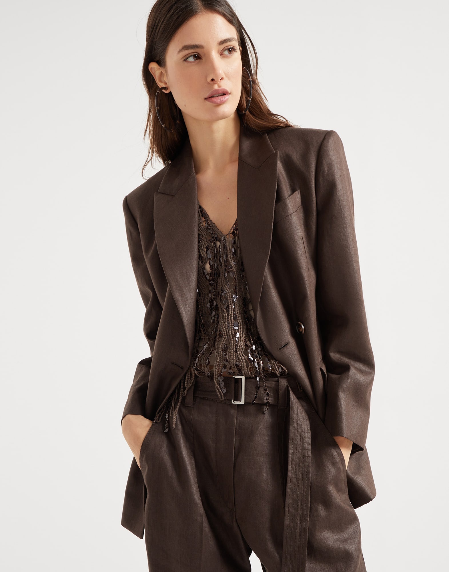 Polished linen twill blazer with monili - 4