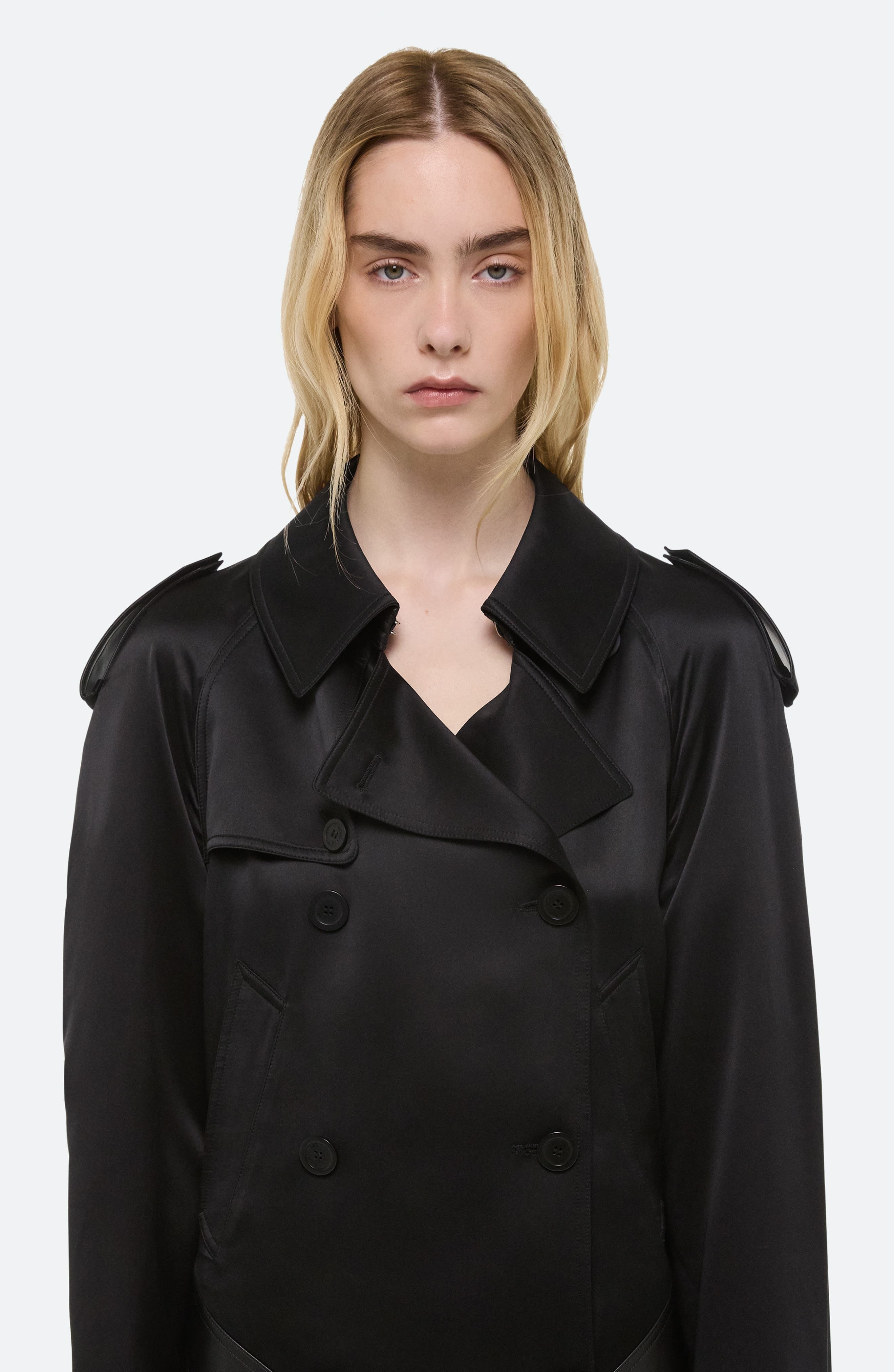 Helmut Lang Mixed Media Scarf Detail Silk Trench Coat in Black at Nordstrom - 4
