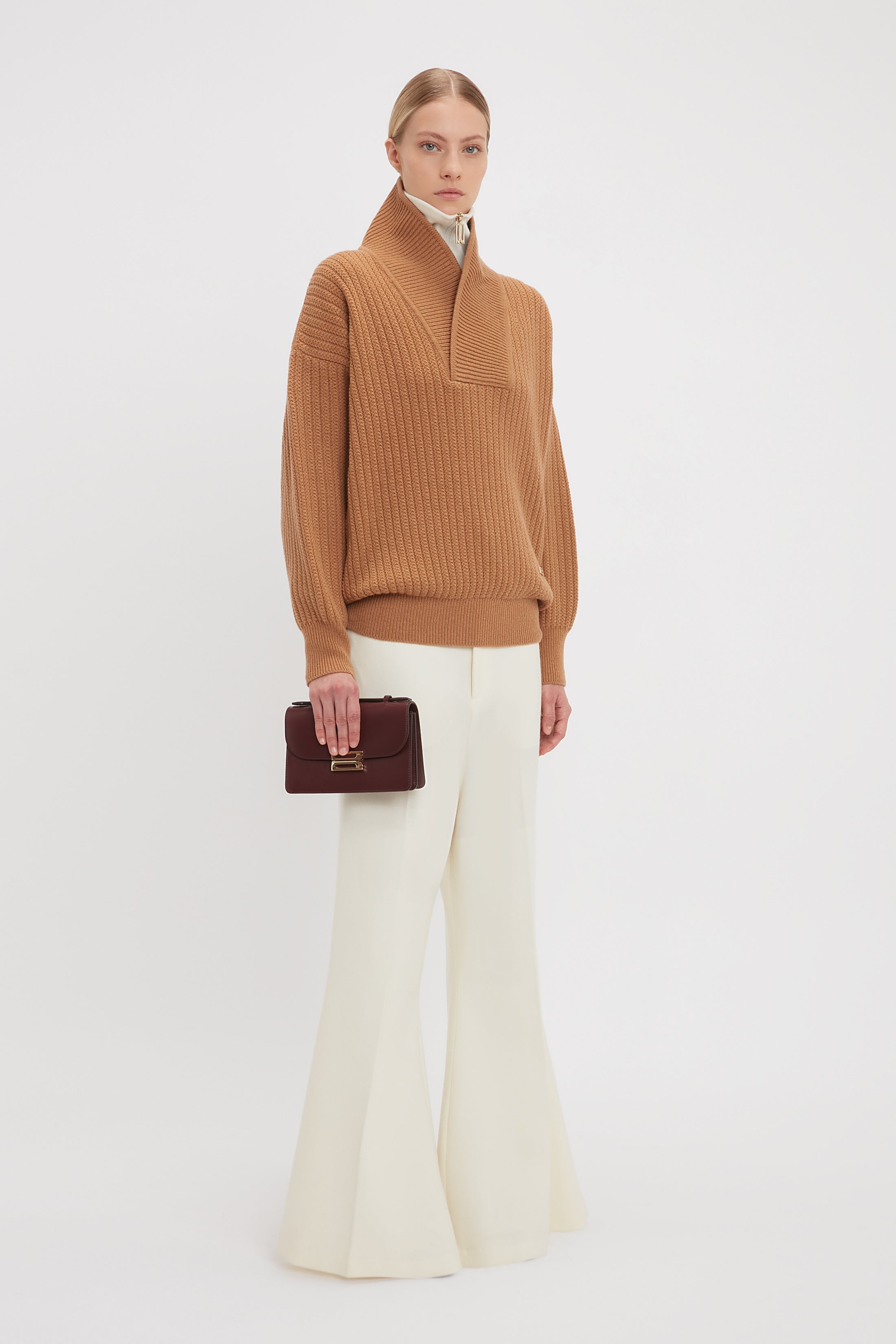 Shawl Neck Knitted Jumper In Camel - 7