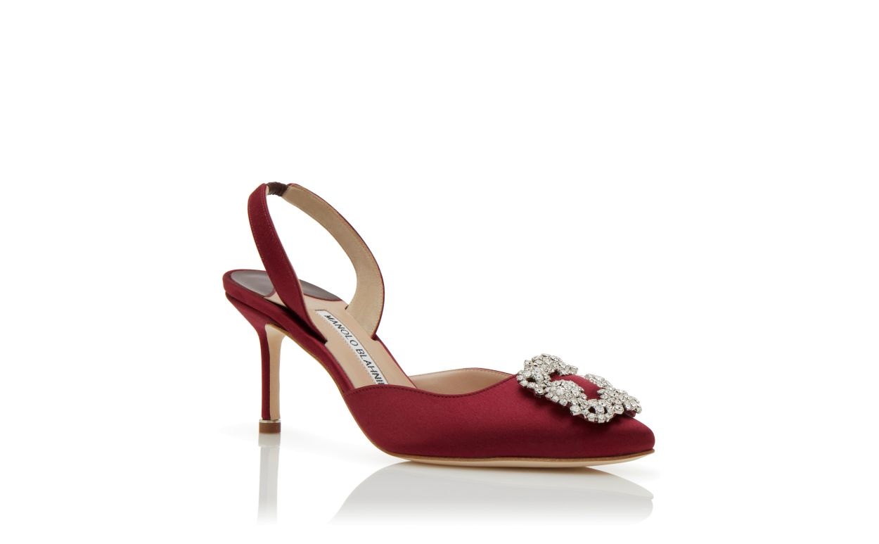 Dark Red Satin Jewel Buckle Slingback Pumps - 3