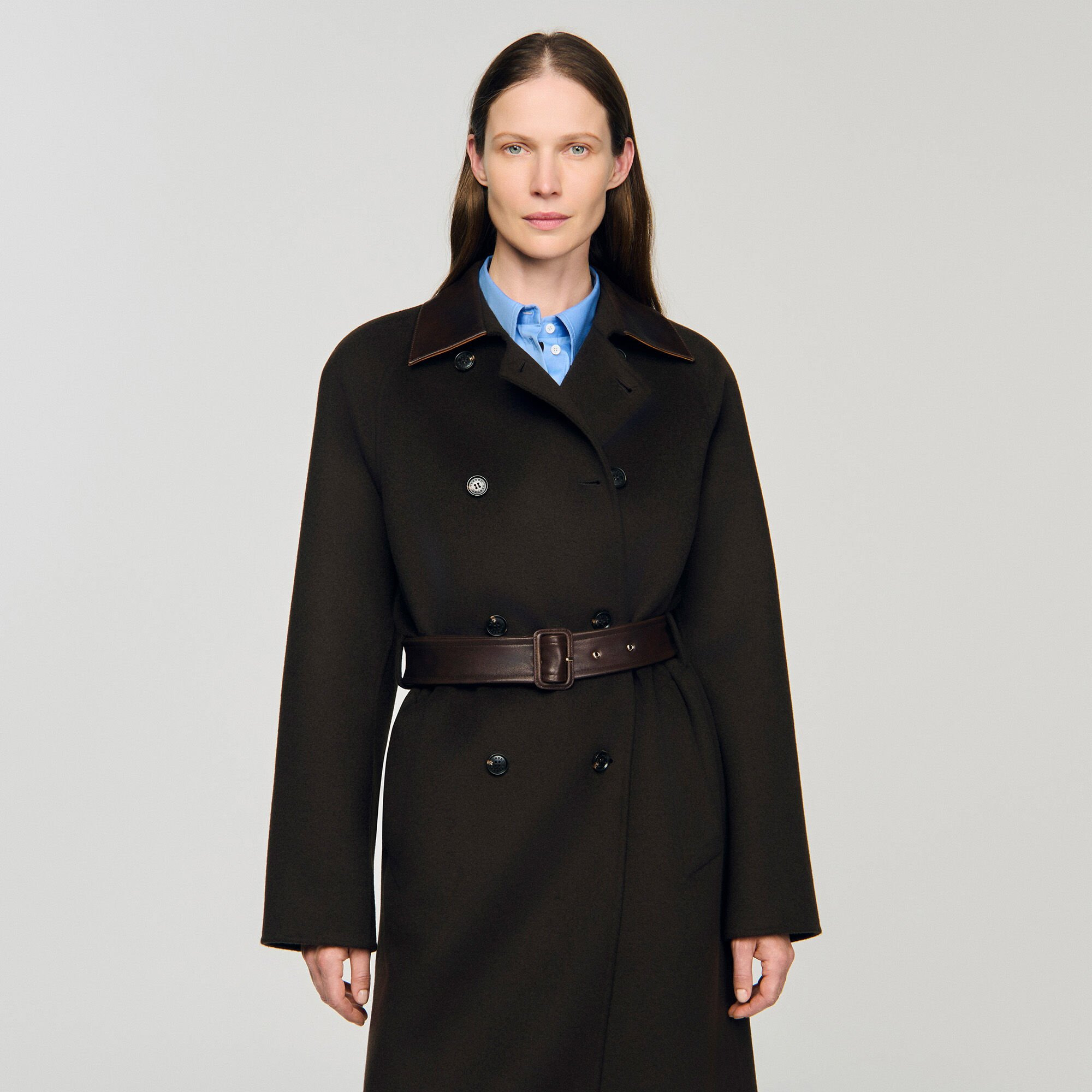 LONG WOOL AND LEATHER COAT - 4