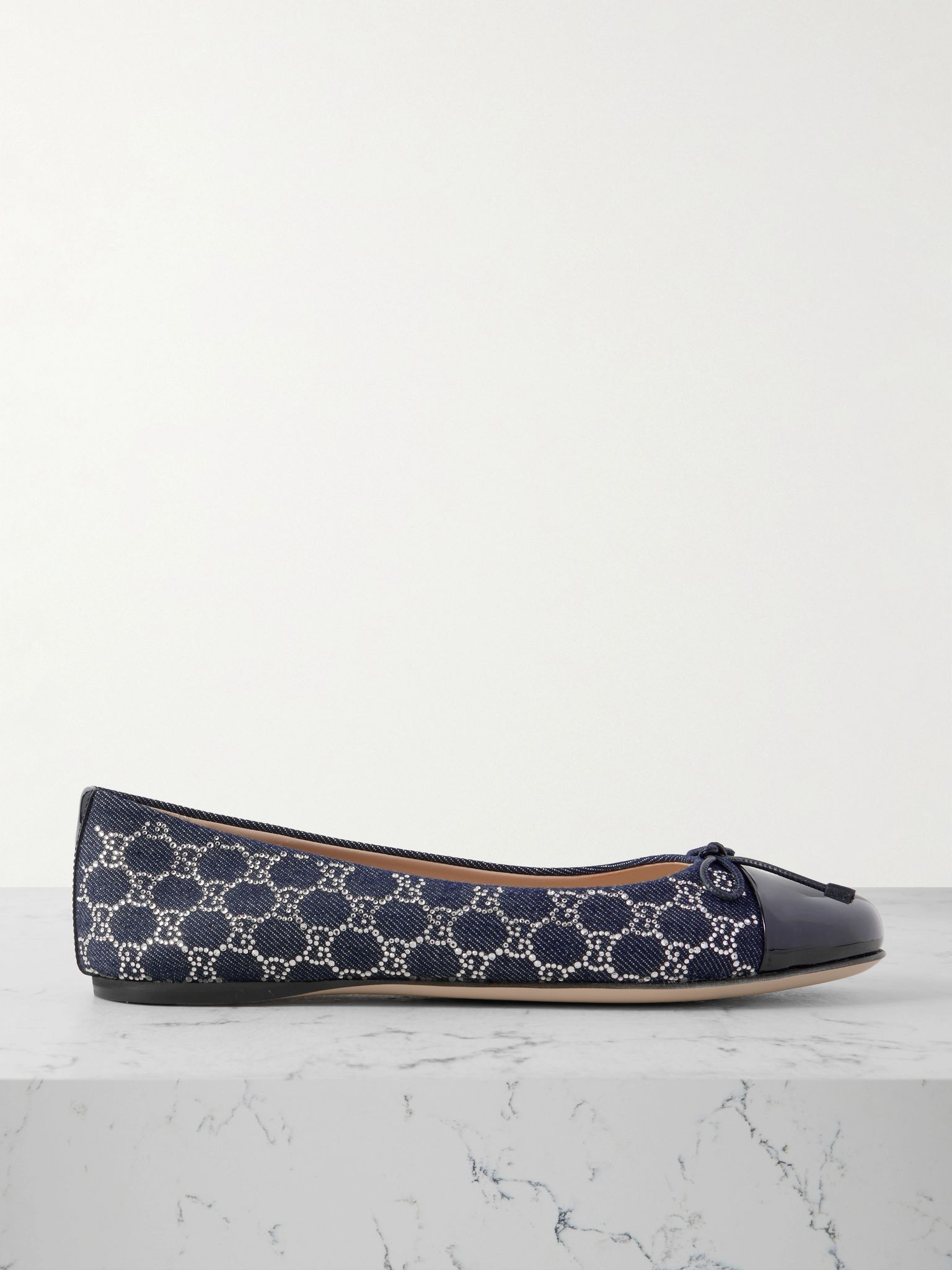 New Marmont crystal-embellished leather-trimmed denim ballet flats Navy - 1