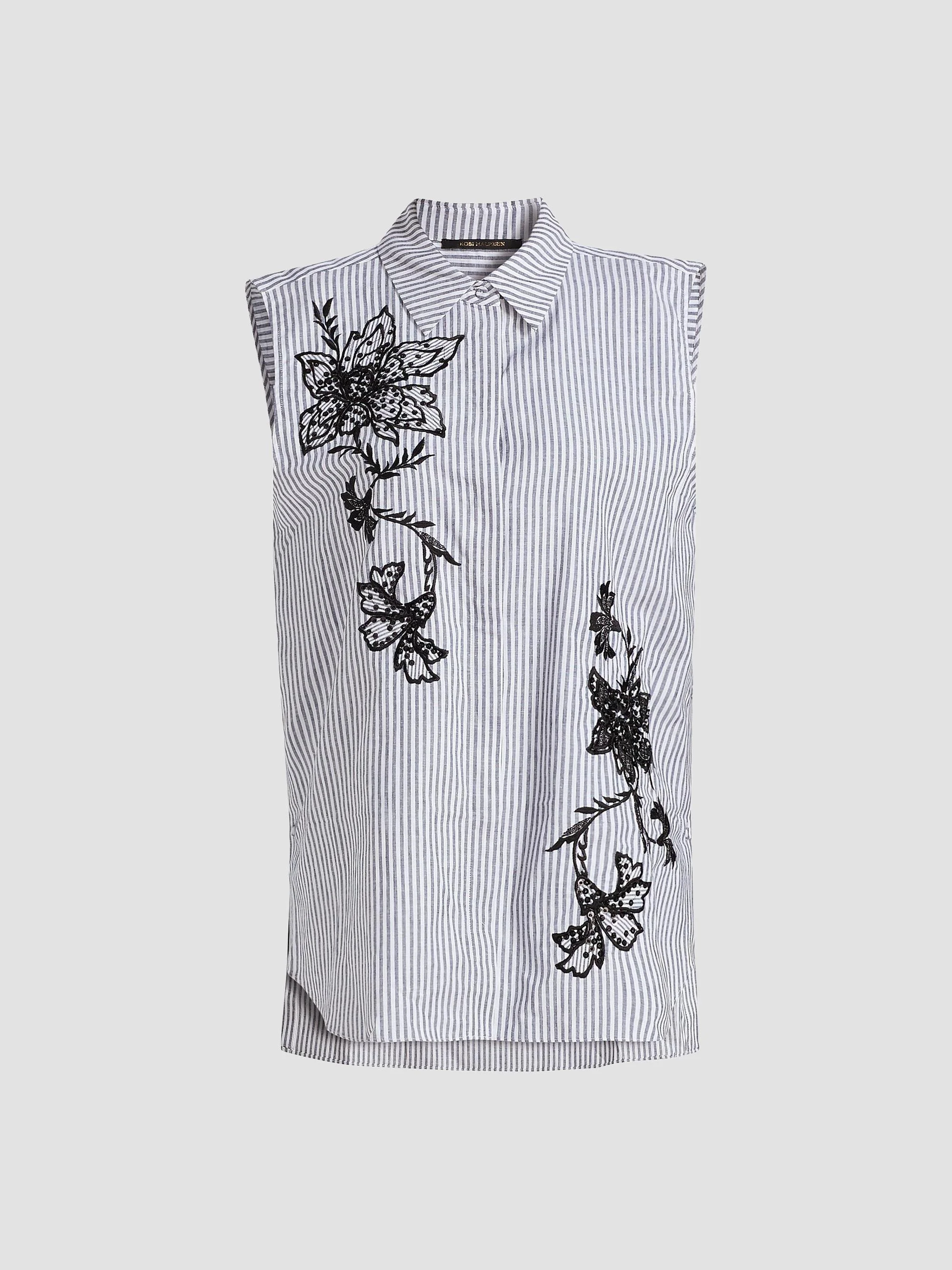 Women's Aerin Striped Cotton-Linen Sleeveless Blouse - Black White - 1