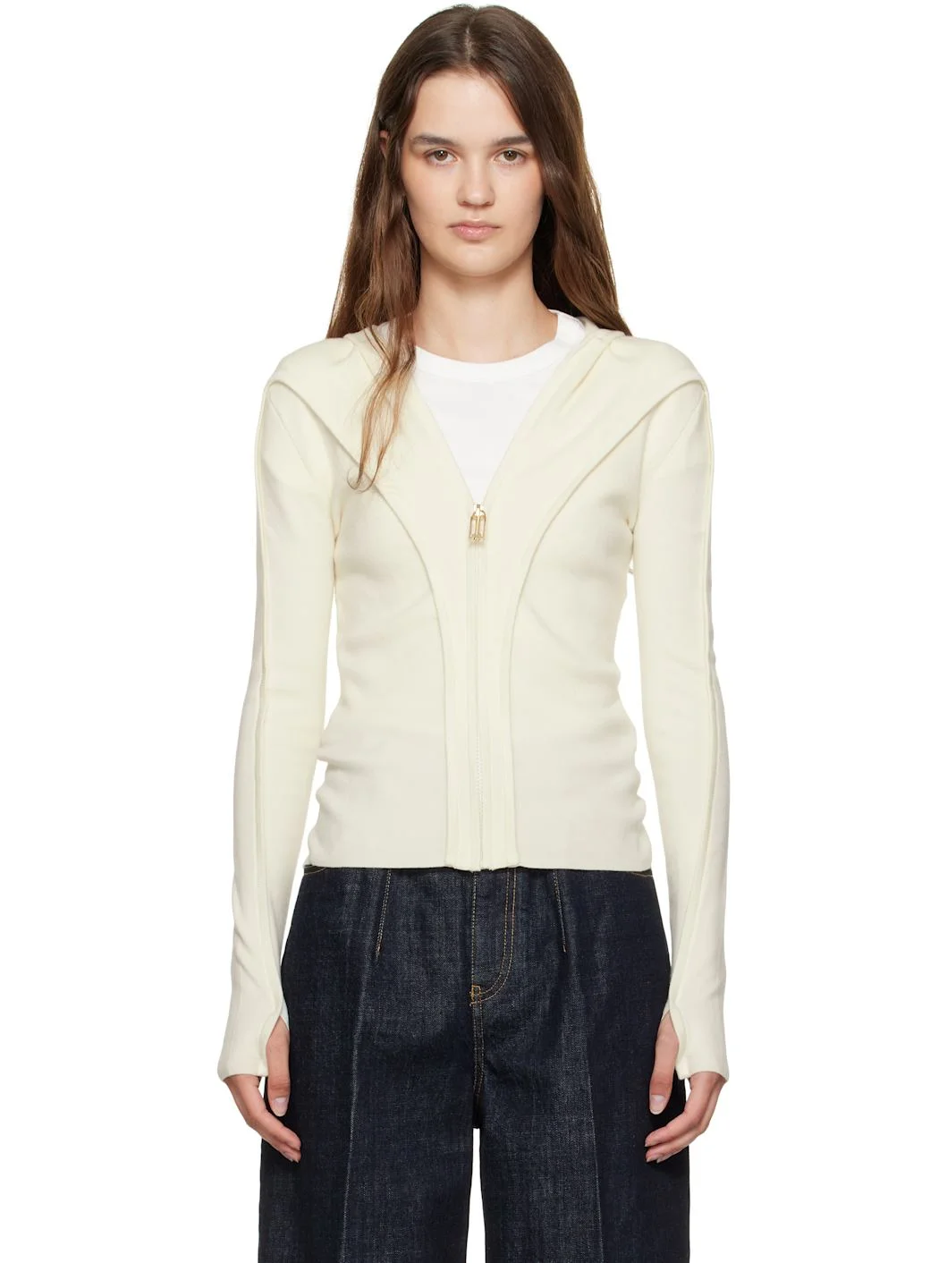 Beige Piping Detail Hoodie - 1