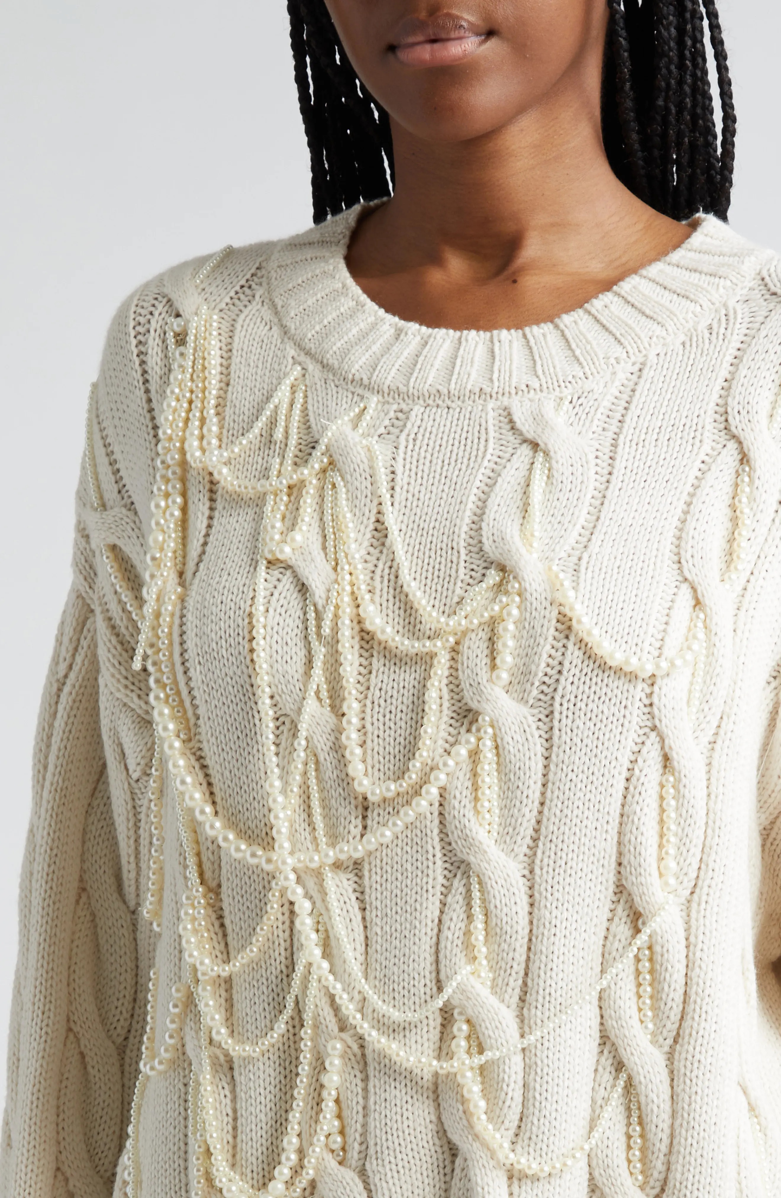 Imitation Pearl Detail Cable Merino Wool Sweater - 5