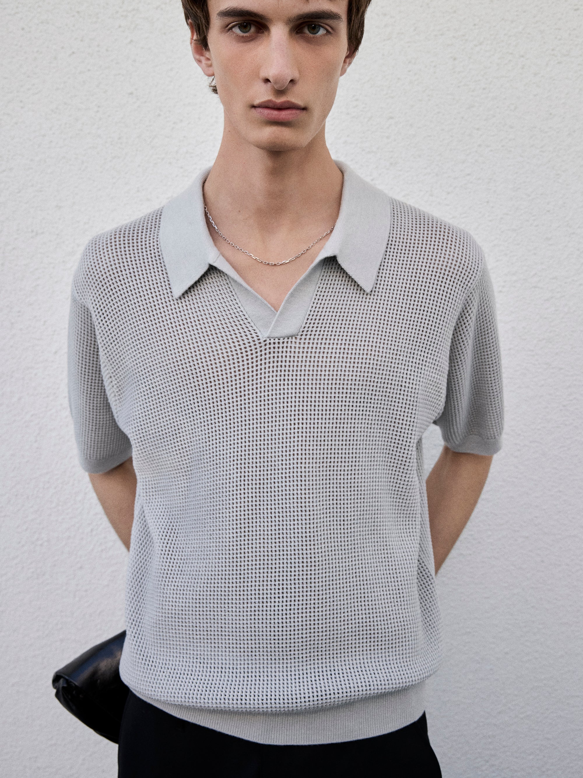 Open Weave Polo Sweater in Grey Blue - 2