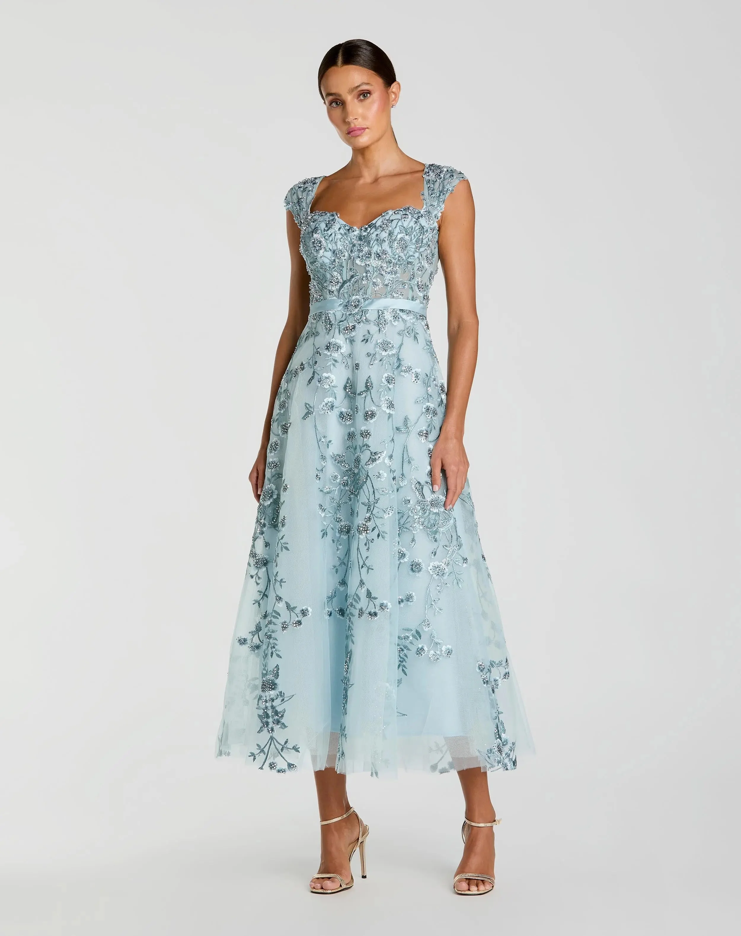 Blue Floral Embroidered Sweetheart Neckline Midi Dress - 1