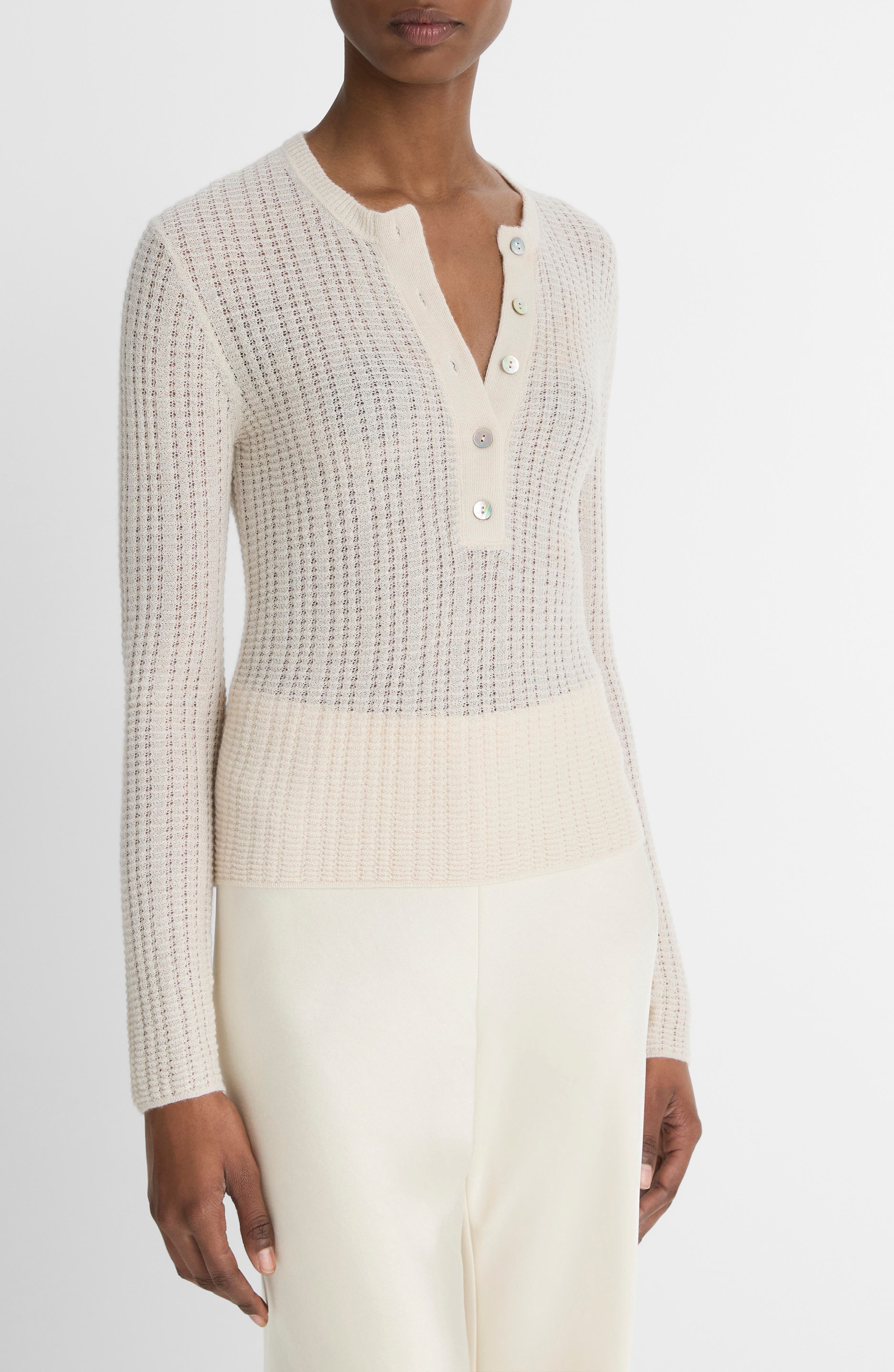 Vince Pointelle Cashmere & Silk Henley in White Sand at Nordstrom - 3