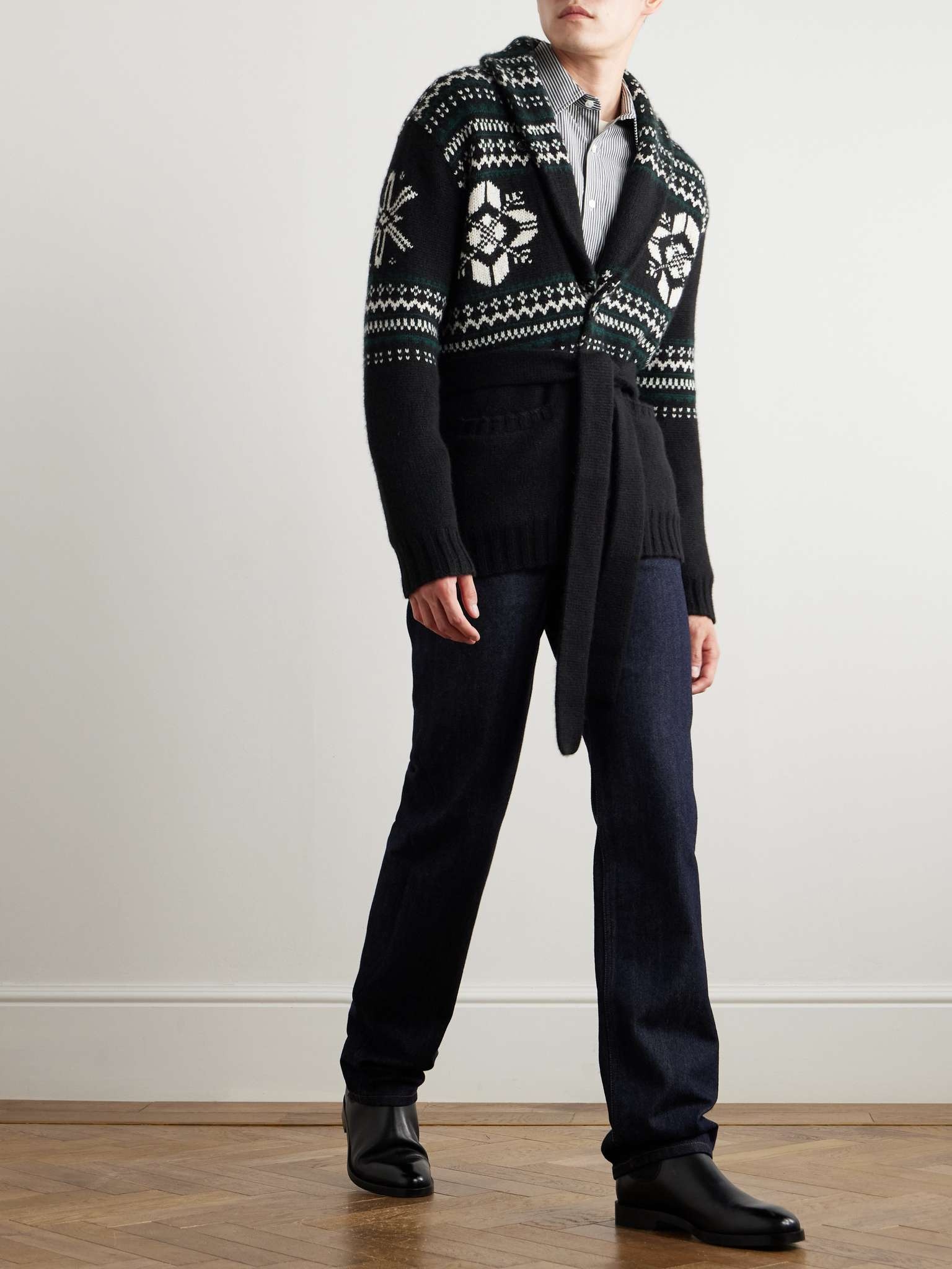 Shawl-Collar Belted Jacquard-Knit Cashmere Cardigan - 2