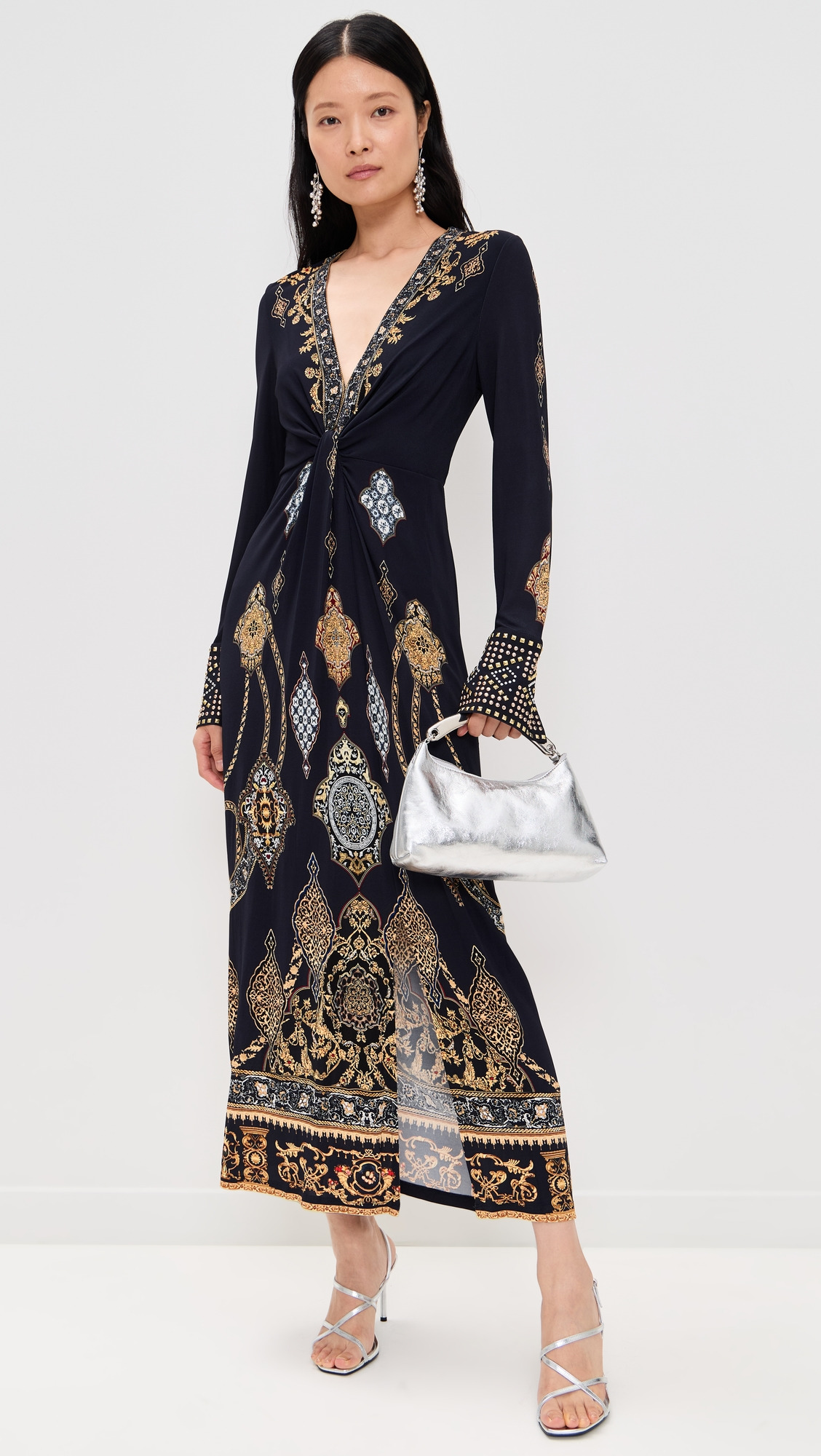 Long V Neck Twist Front Jersey Dress - 4