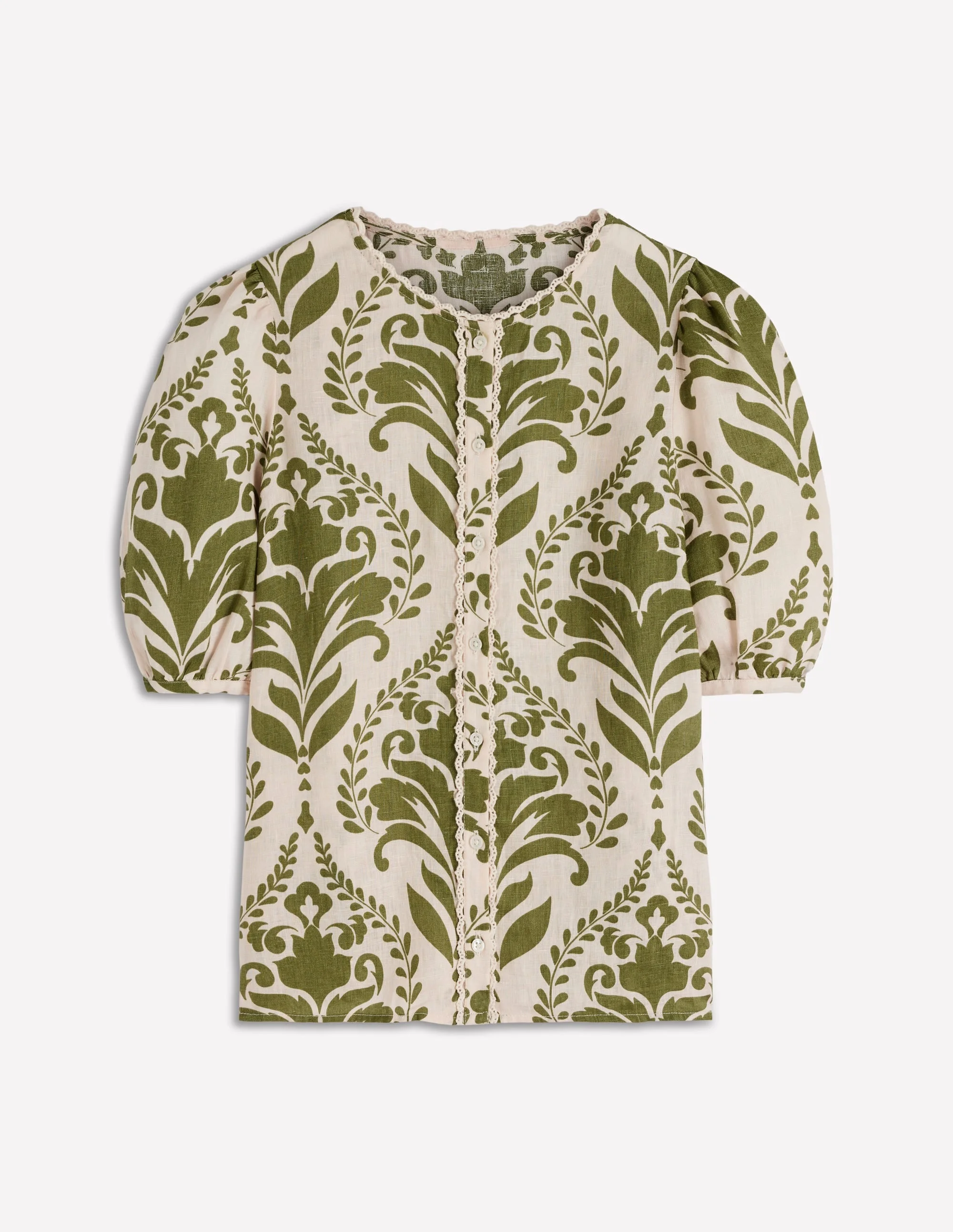 Leah Short Sleeve Linen Top-Green, Decorative Lattice - 1