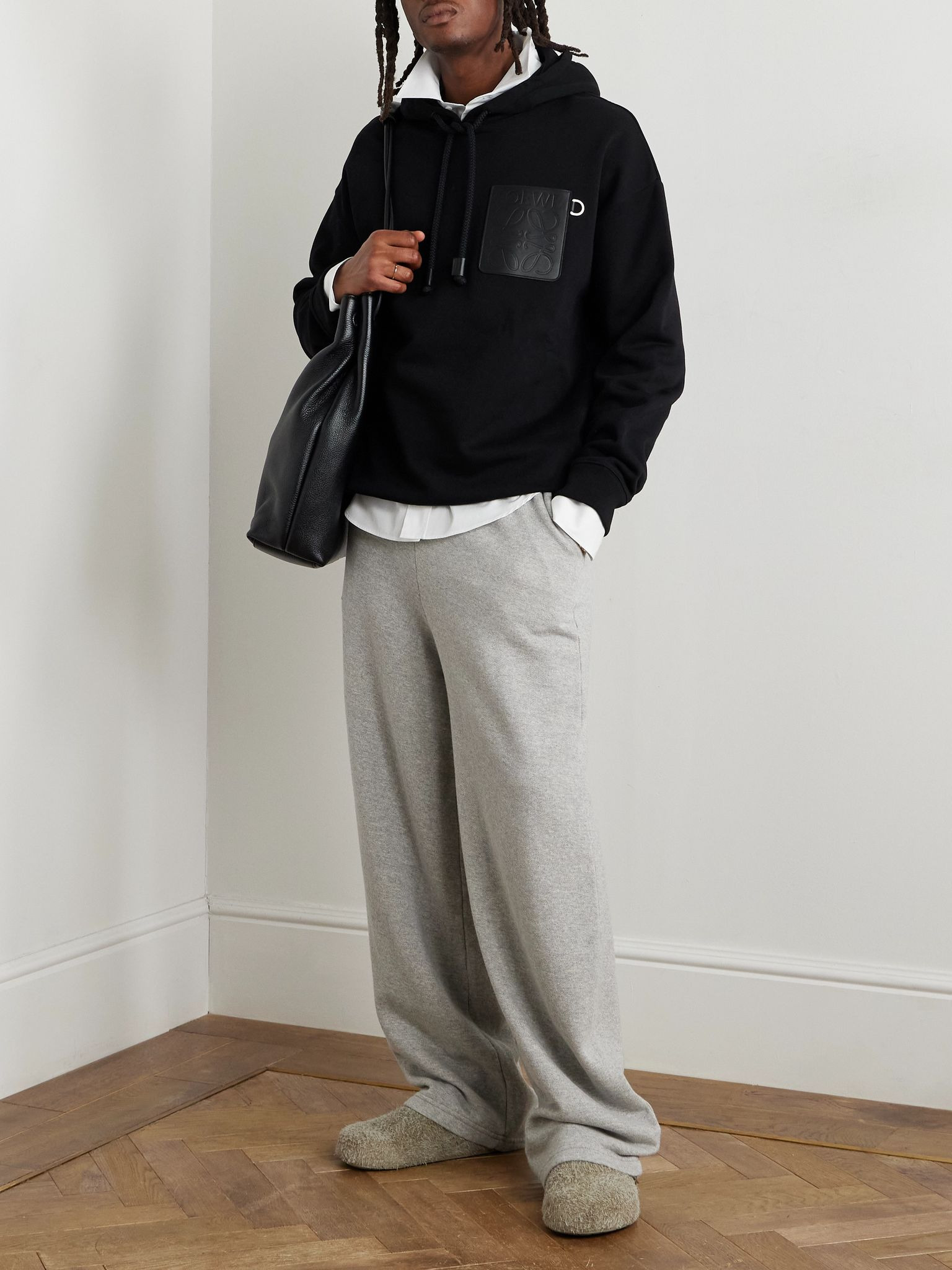 Logo-Debossed Leather-Trimmed Cotton-Jersey Hoodie Black - 2