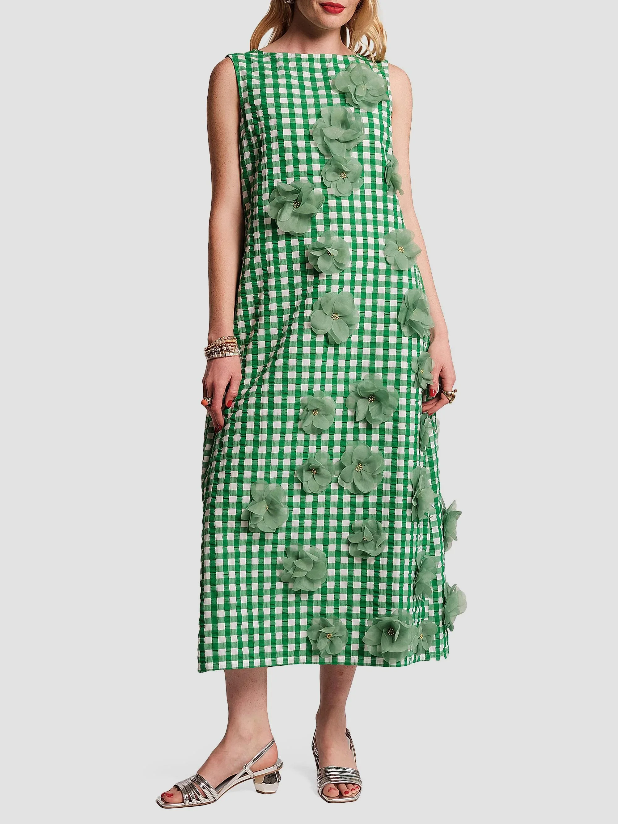 Women's Origami 3D Floral Appliqué Gingham Midi-Dress - Green Oyster - 1