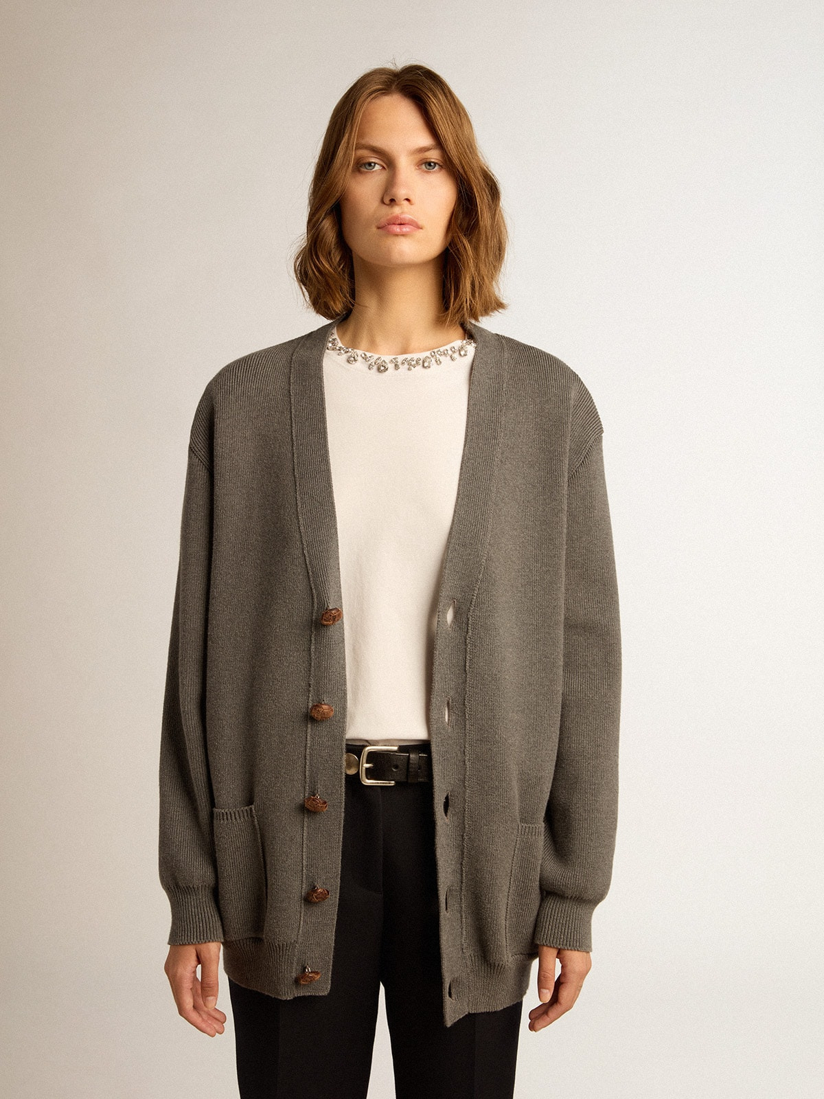 Women's mélange gray cotton cardigan with logo on the back - 5